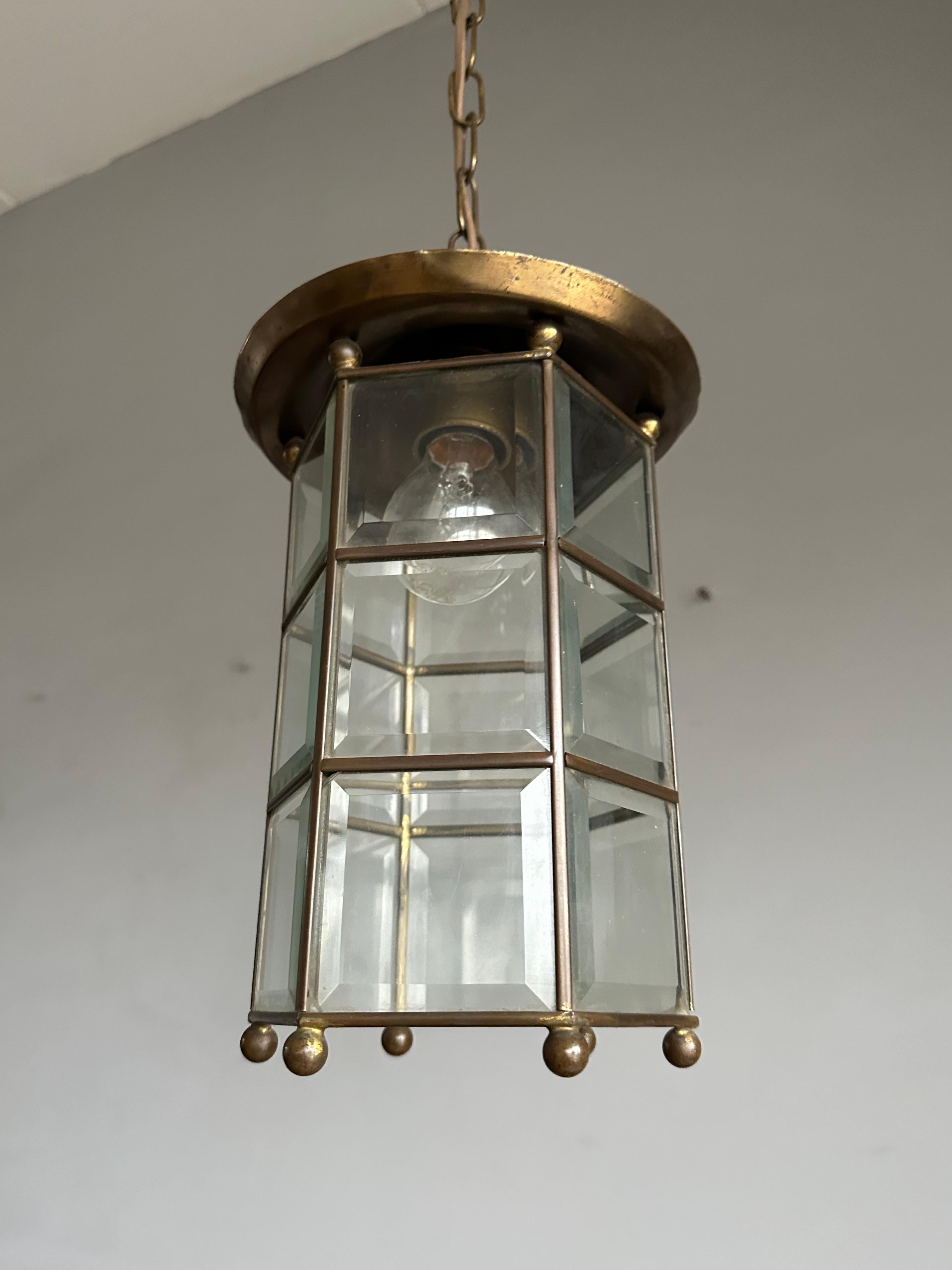 Arts & Crafts 18 Beveled Glass Panels and Brass Pendant, Ceiling Light, Lantern For Sale 2