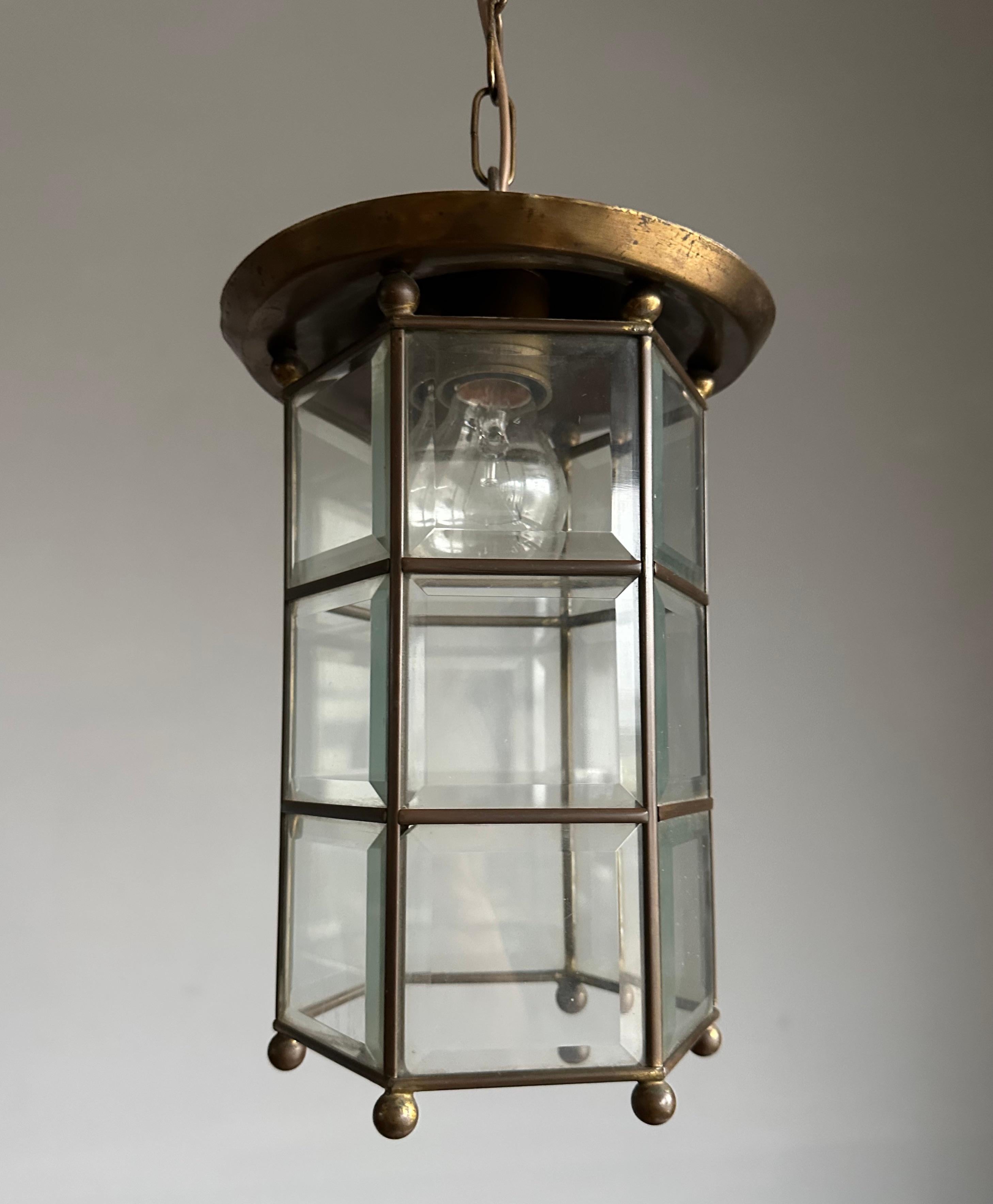 Arts & Crafts 18 Beveled Glass Panels and Brass Pendant, Ceiling Light, Lantern For Sale 5
