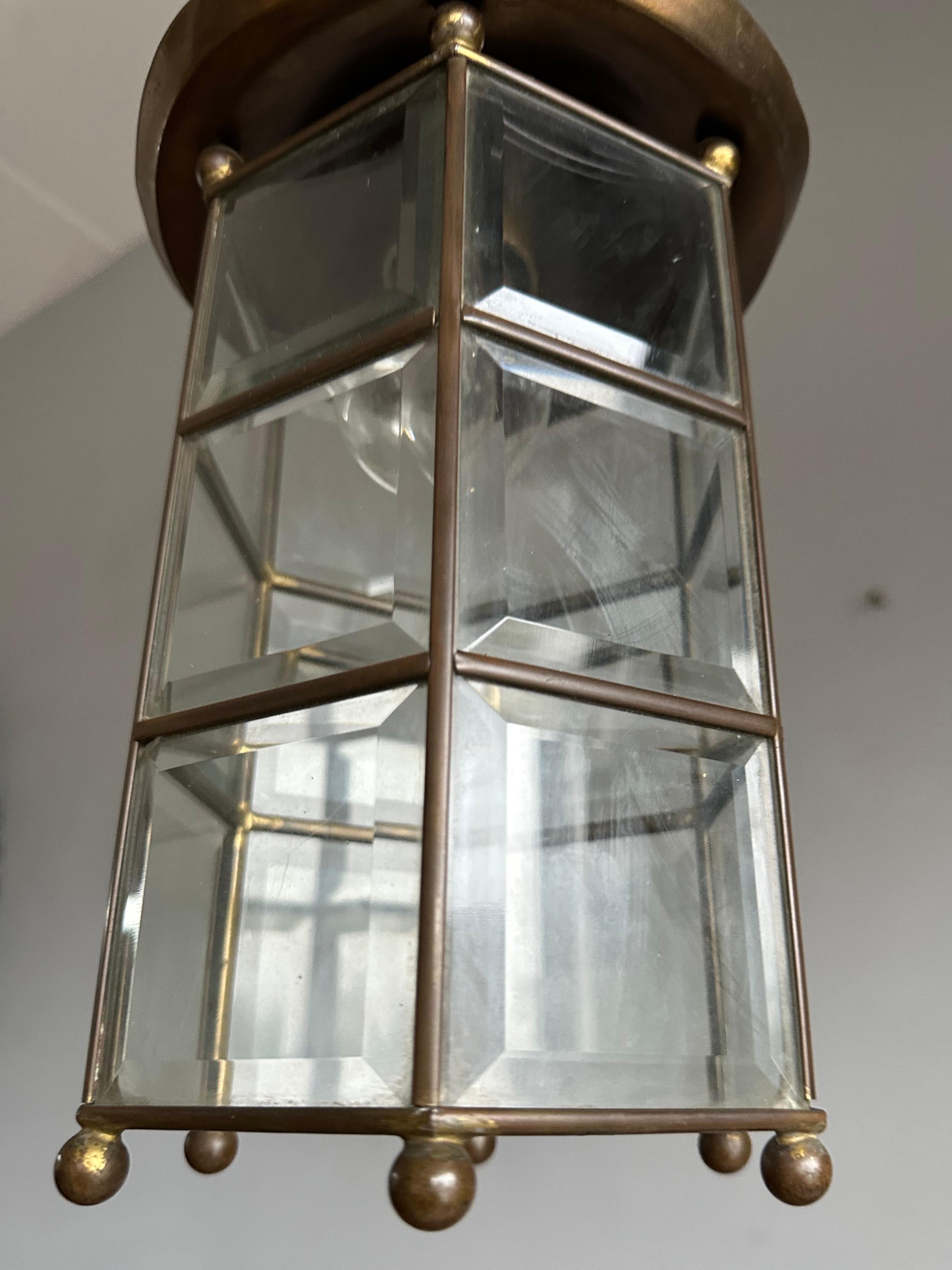 Arts & Crafts 18 Beveled Glass Panels and Brass Pendant, Ceiling Light, Lantern For Sale 10