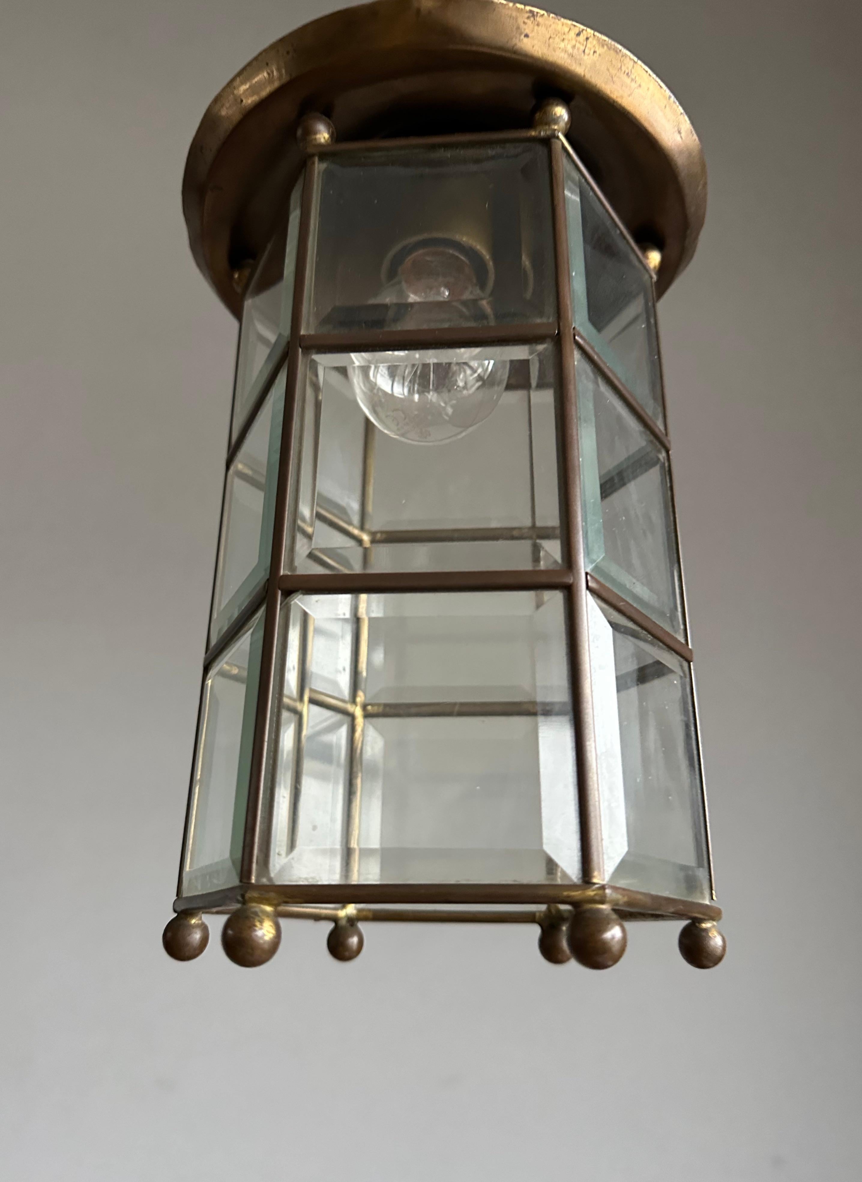 Arts & Crafts 18 Beveled Glass Panels and Brass Pendant, Ceiling Light, Lantern For Sale 11