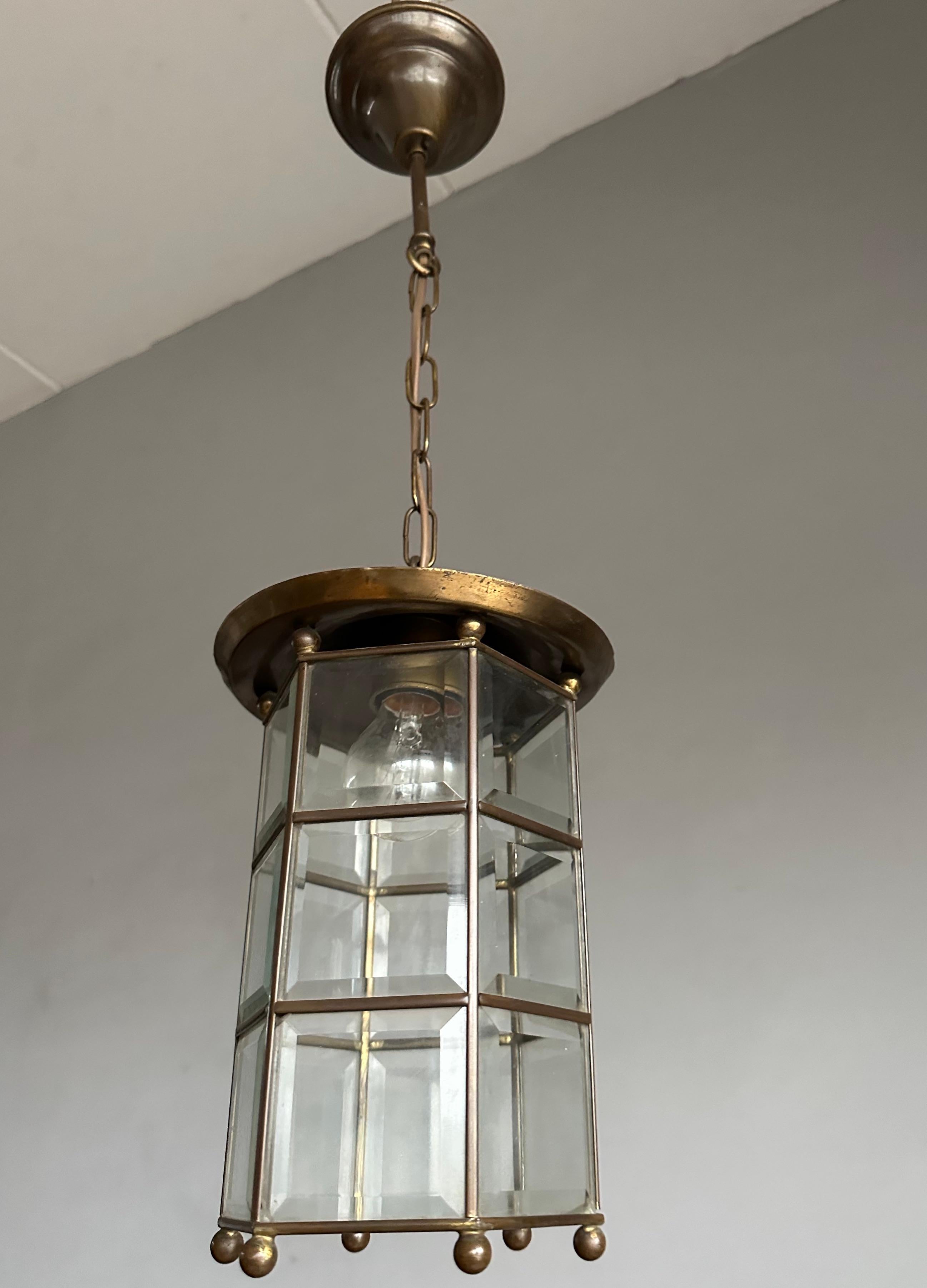Arts & Crafts 18 Beveled Glass Panels and Brass Pendant, Ceiling Light, Lantern In Good Condition For Sale In Lisse, NL
