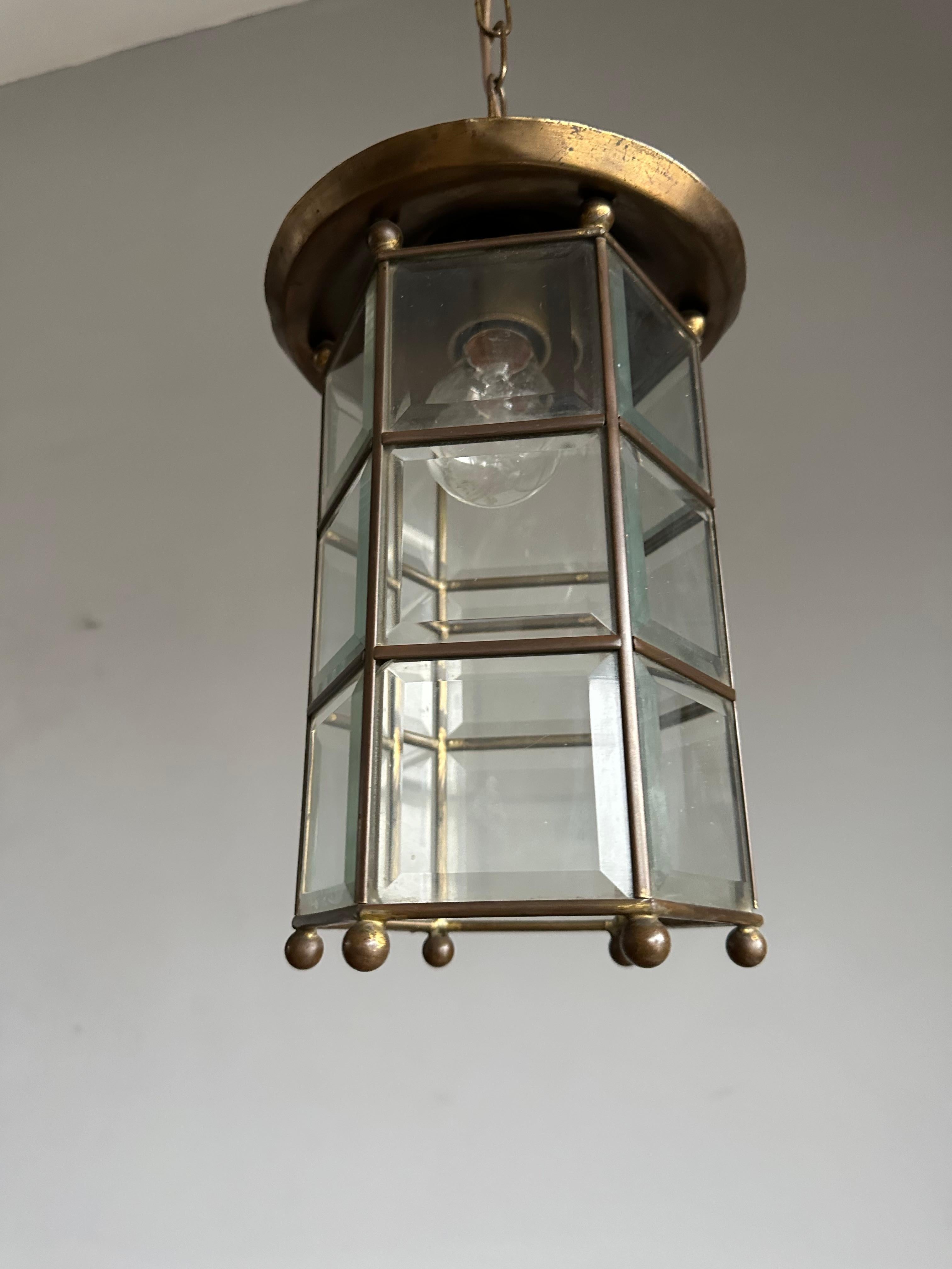 20th Century Arts & Crafts 18 Beveled Glass Panels and Brass Pendant, Ceiling Light, Lantern For Sale