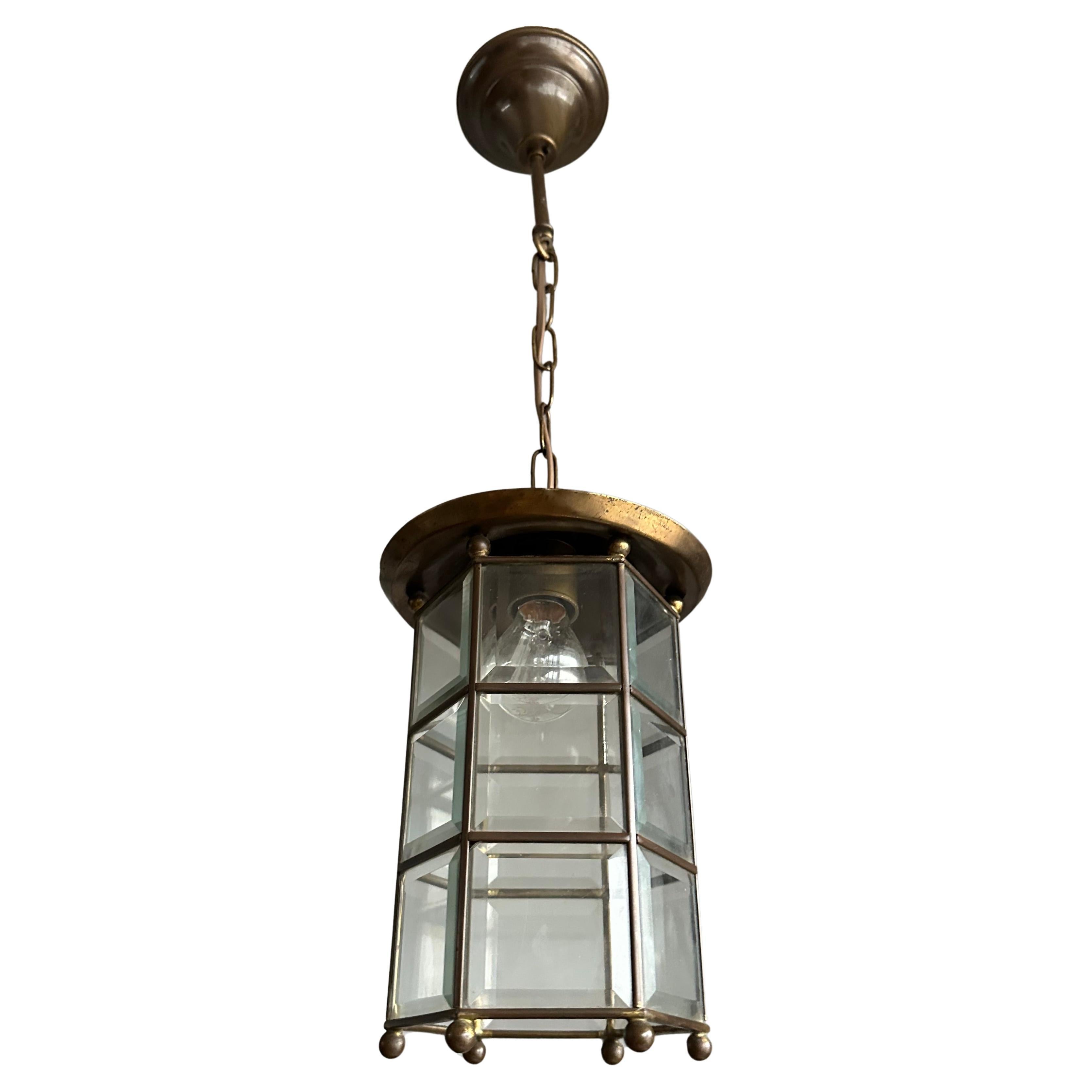 Arts & Crafts 18 Beveled Glass Panels and Brass Pendant, Ceiling Light, Lantern For Sale