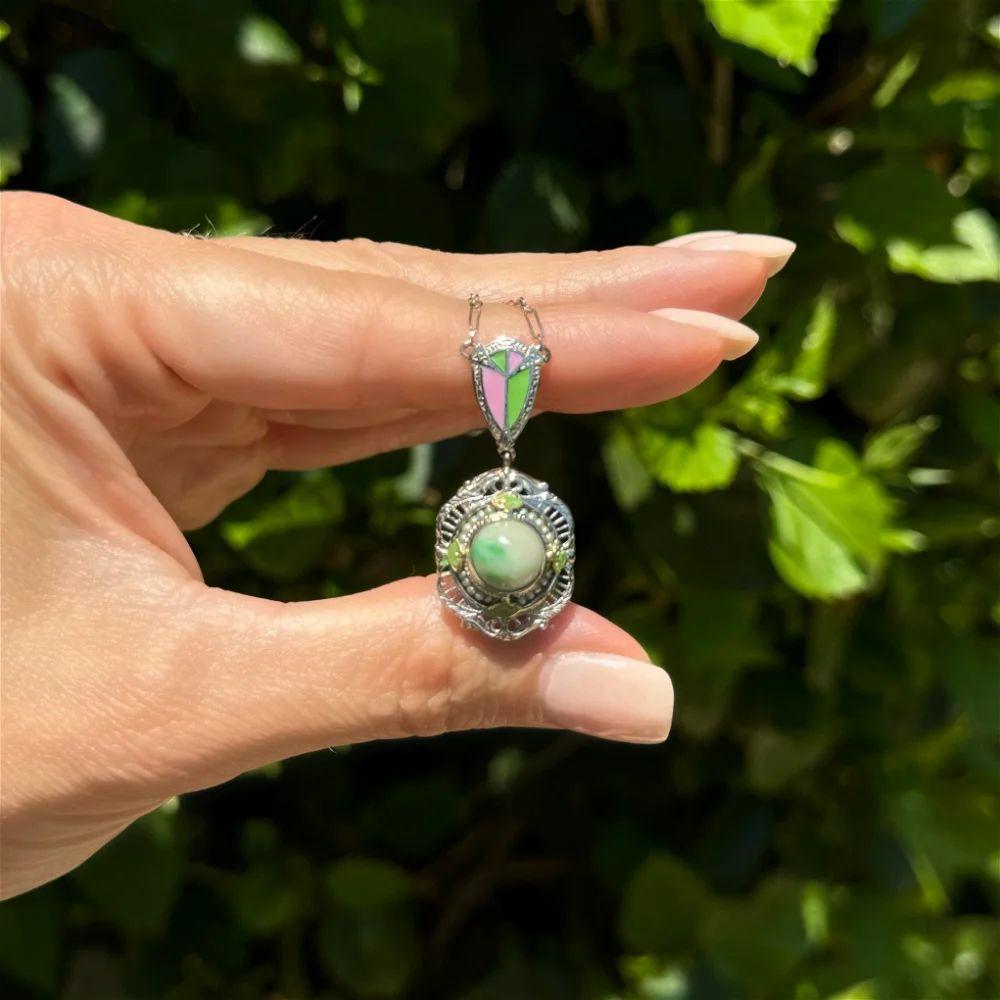 Arts and Crafts Arts & Crafts 1.80 Carat Jade, Seed Pearl and Enamel Gold Drop Necklace For Sale