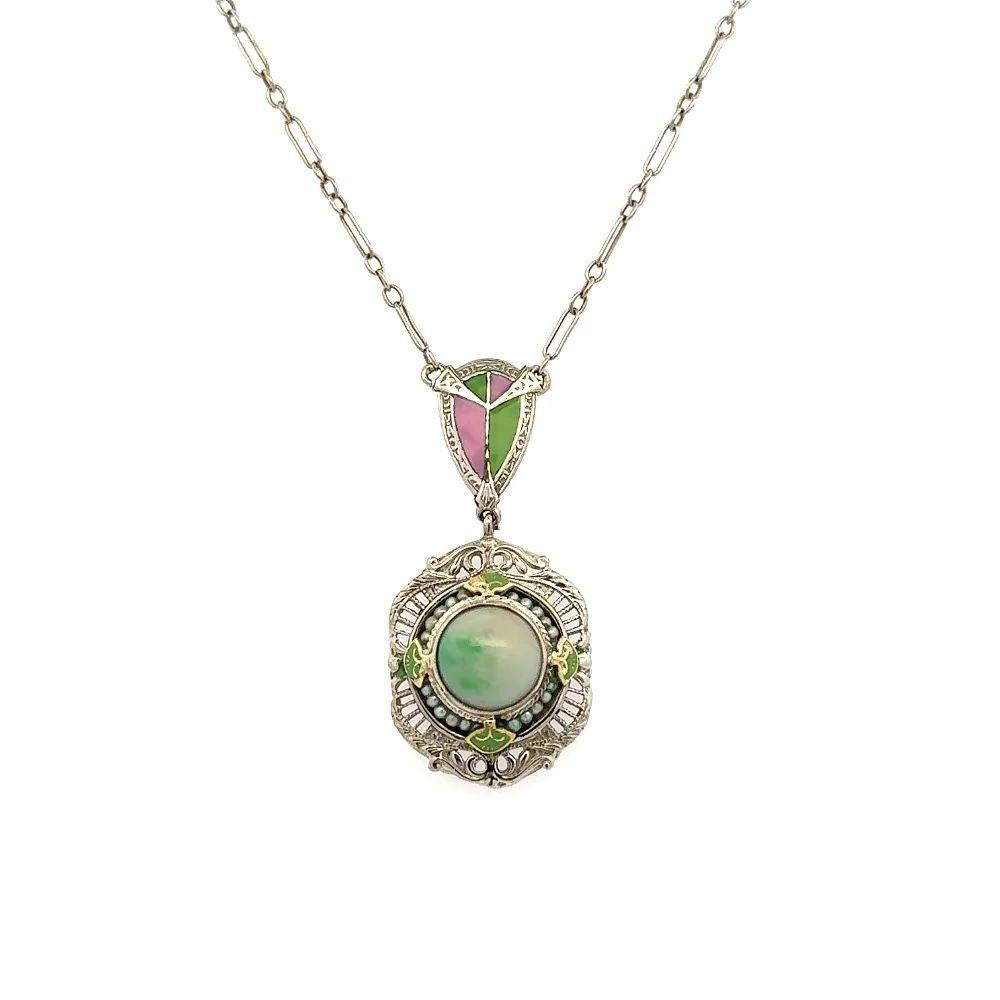 Mixed Cut Arts & Crafts 1.80 Carat Jade, Seed Pearl and Enamel Gold Drop Necklace For Sale