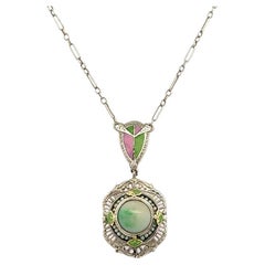 Arts & Crafts 1.80 Carat Jade, Seed Pearl and Enamel Gold Drop Necklace