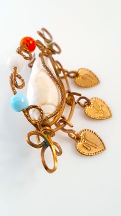 Antique Art&Crafts ScrollingWire Shell Glass DanglingHearts Gold Brooch