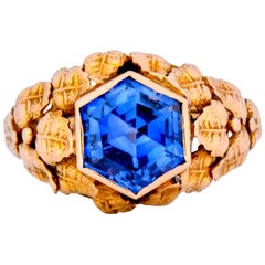 Arts & Crafts 1910 No Heat Hexagon Sapphire 14 Karat Rose Gold Foliate Ring GIA