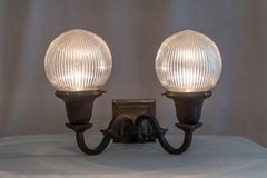 Arts & Crafts 2 Arm Bronze Sconce w/Holophane Co. Style Glass Shades, ca. 1910