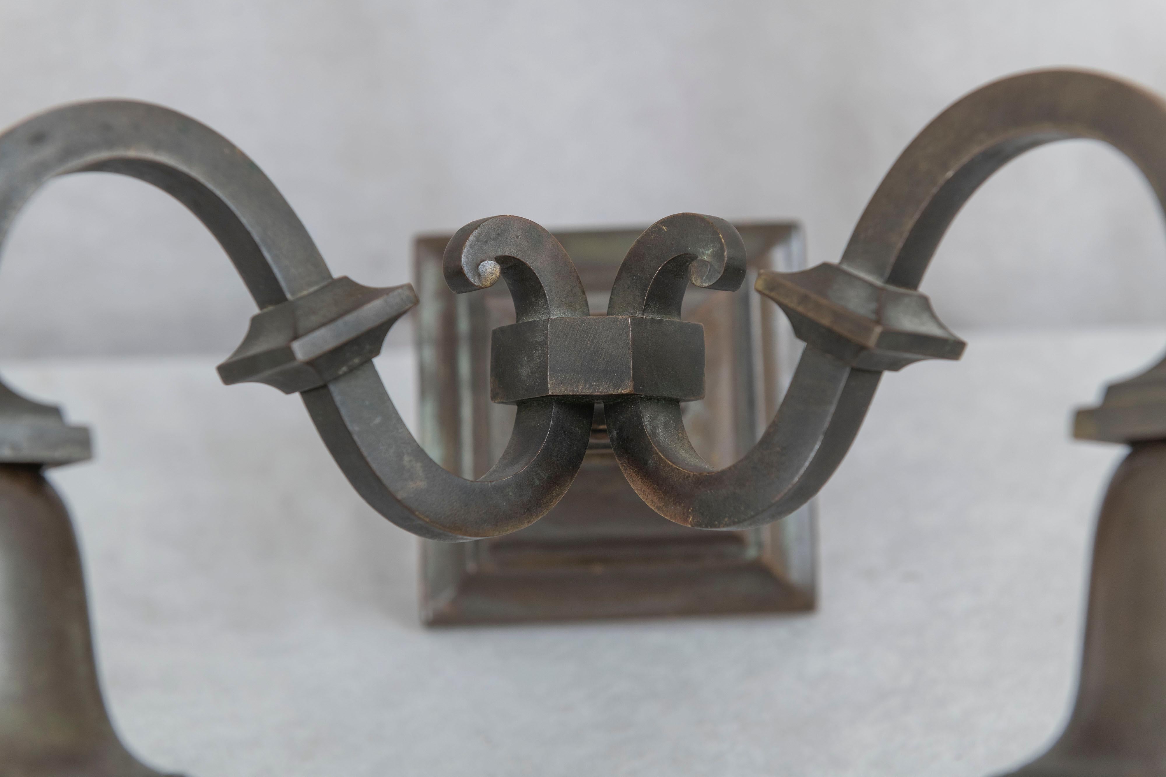 Molded Arts & Crafts 2 Arm Bronze Sconce w/Holophane Co. Style Glass Shades, ca. 1910 For Sale