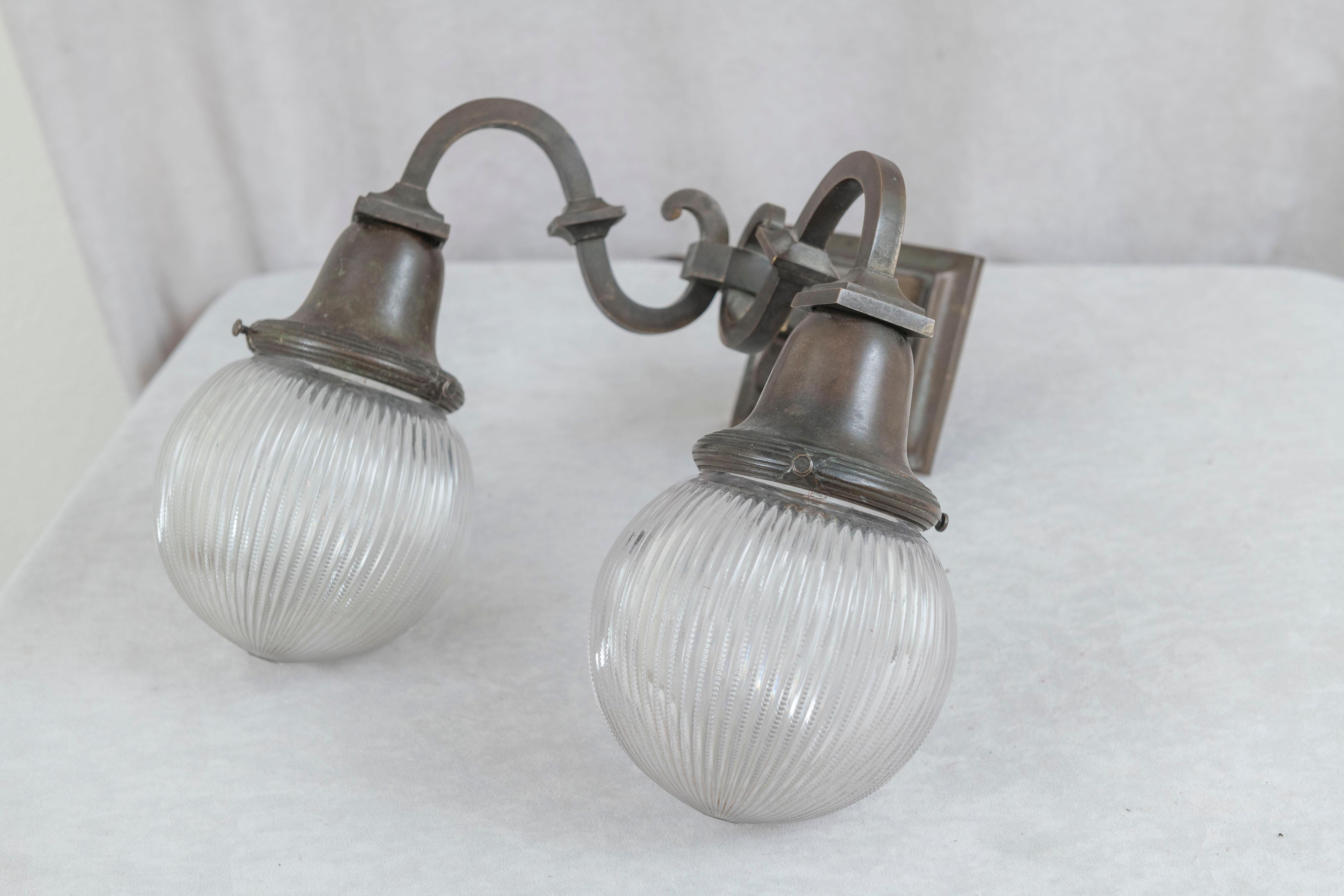 Arts & Crafts 2 Arm Bronze Sconce w/Holophane Co. Style Glass Shades, ca. 1910 In Good Condition For Sale In Petaluma, CA