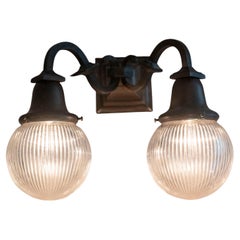 Arts & Crafts 2 Arm Bronze Sconce w/Holophane Co. Style Glass Shades, ca. 1910