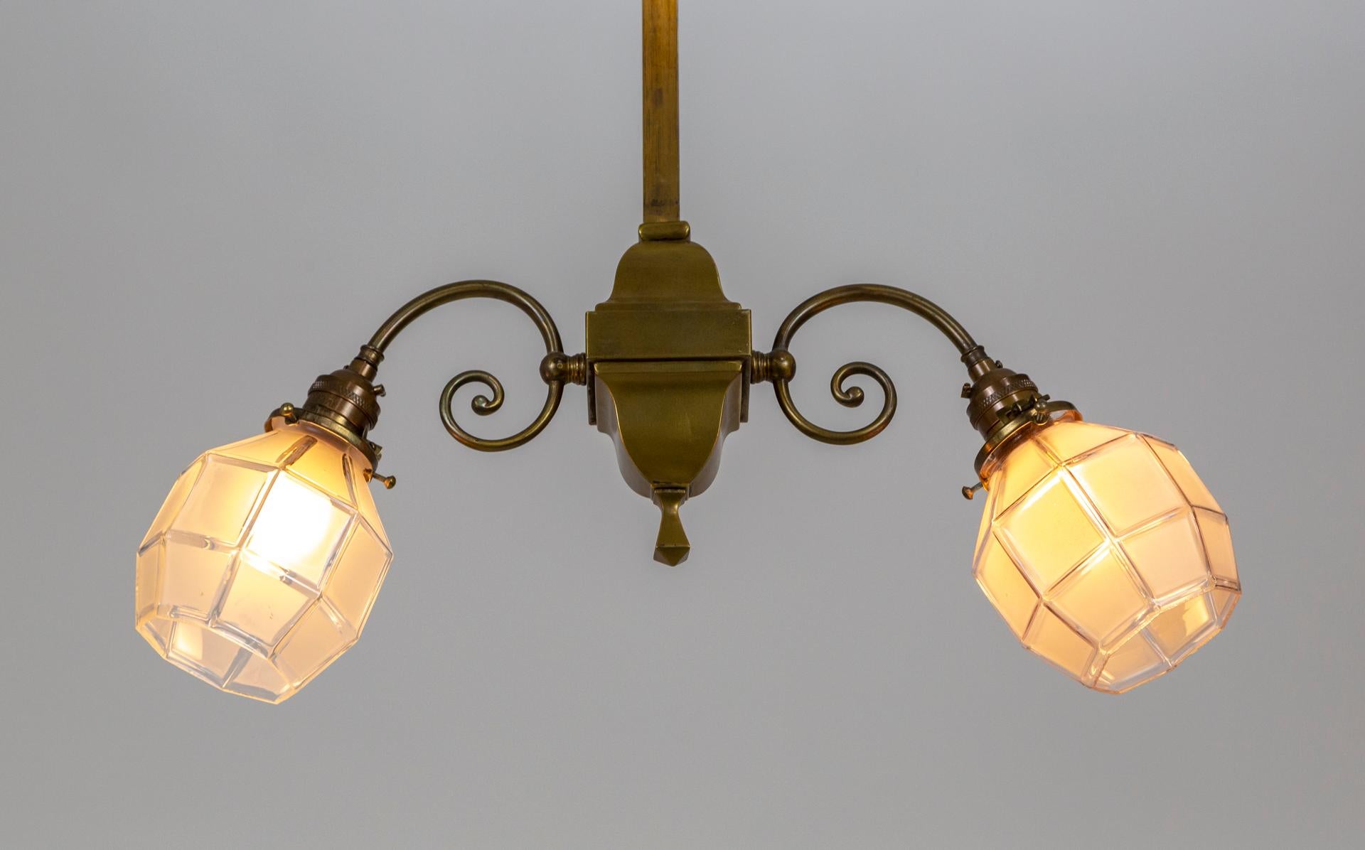 Arts & Crafts 2-Light Brass Chandelier W/ Faceted Glass Shades 'Pair' In Good Condition For Sale In San Francisco, CA