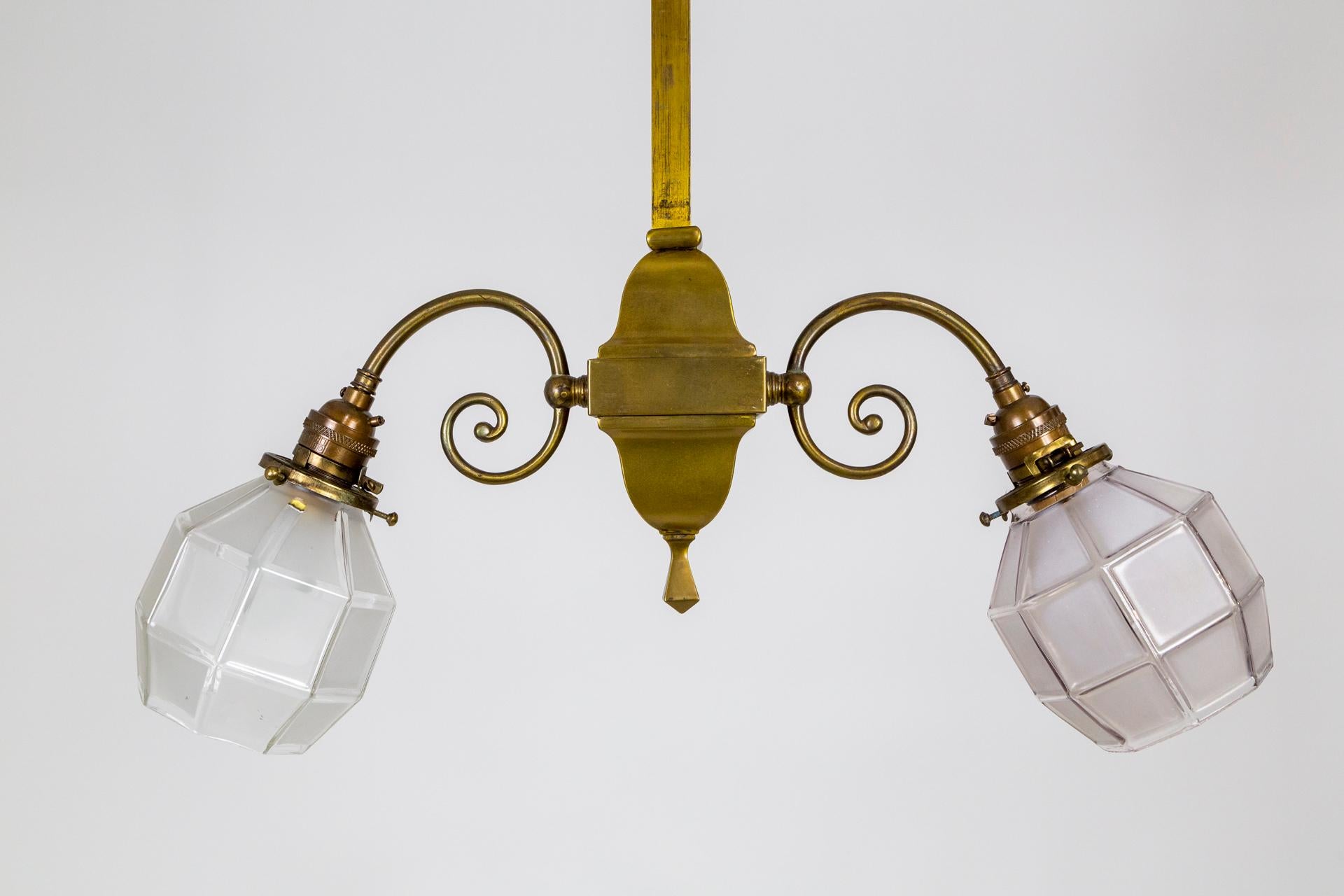 Early 20th Century Arts & Crafts 2-Light Brass Chandelier W/ Faceted Glass Shades 'Pair' For Sale