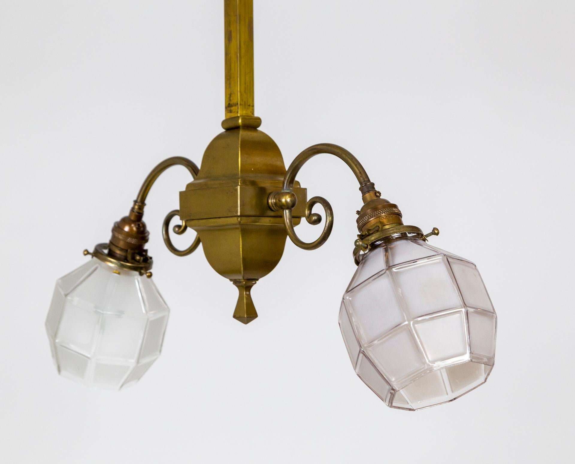 Arts & Crafts 2-Light Brass Chandelier W/ Faceted Glass Shades 'Pair' For Sale 2