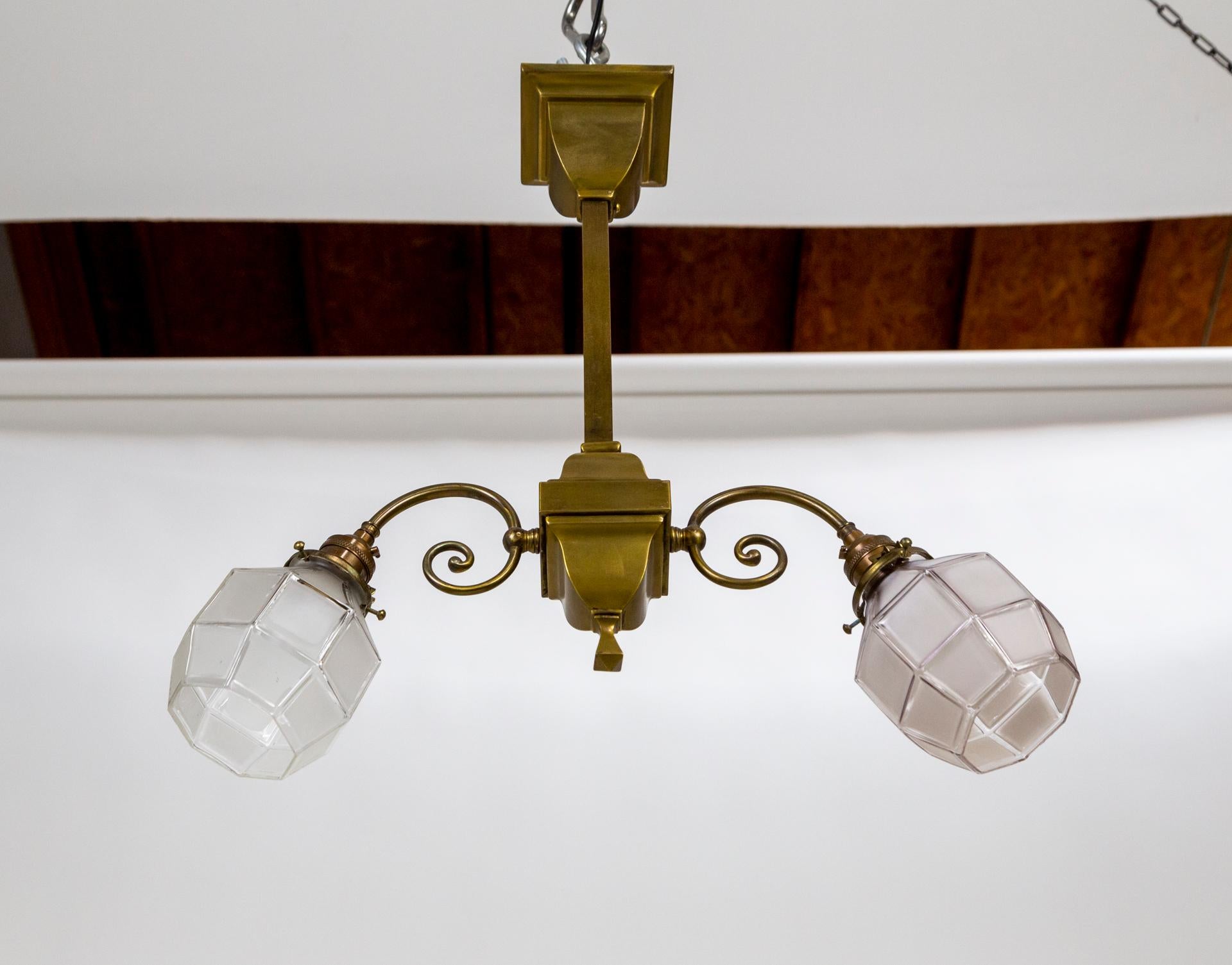 Arts & Crafts 2-Light Brass Chandelier W/ Faceted Glass Shades 'Pair' For Sale 3