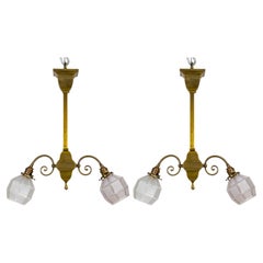 Antique Arts & Crafts 2-Light Brass Chandelier W/ Faceted Glass Shades 'Pair'