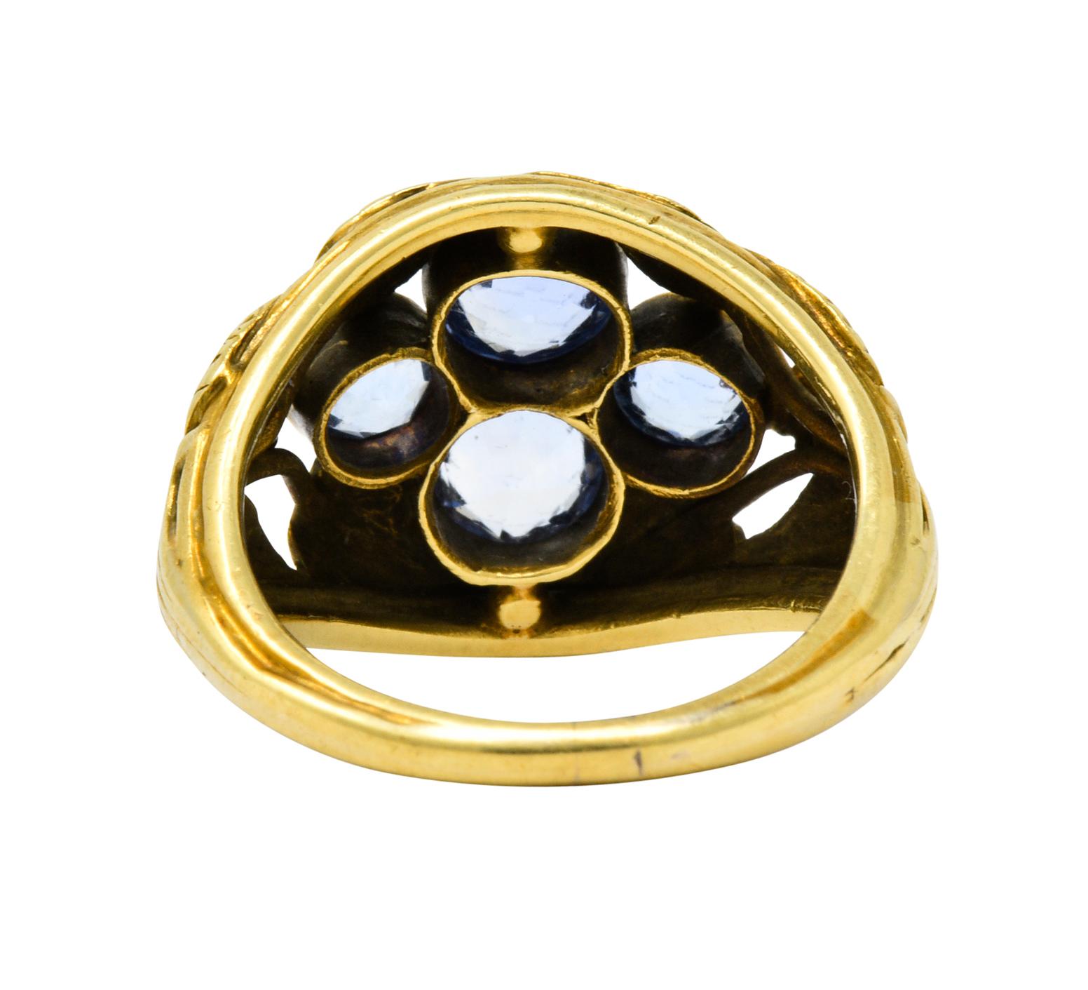 Round Cut Arts & Crafts 2.20 Carats Sapphire 14 Karat Green Gold Foliate Ring