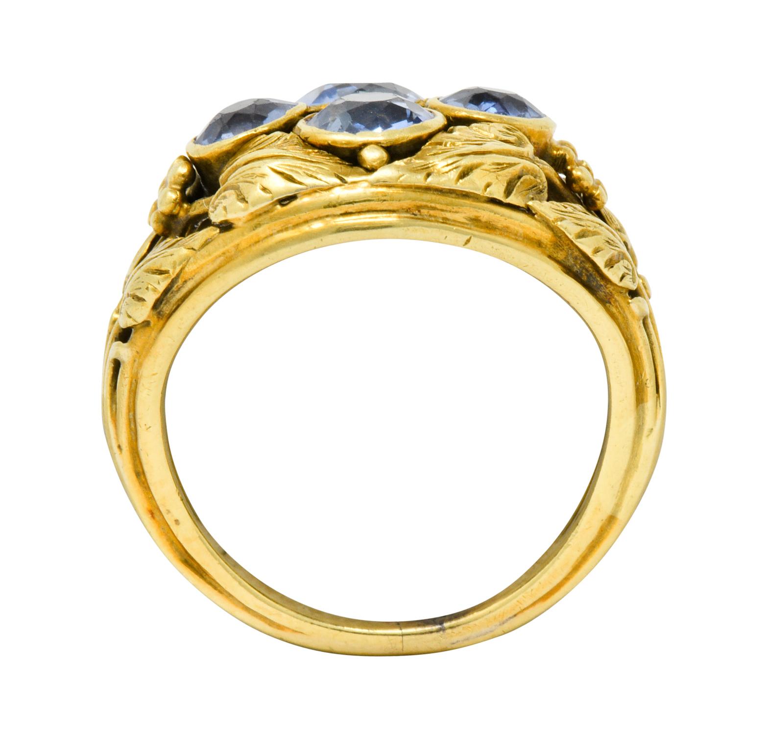 Arts & Crafts 2.20 Carats Sapphire 14 Karat Green Gold Foliate Ring 1