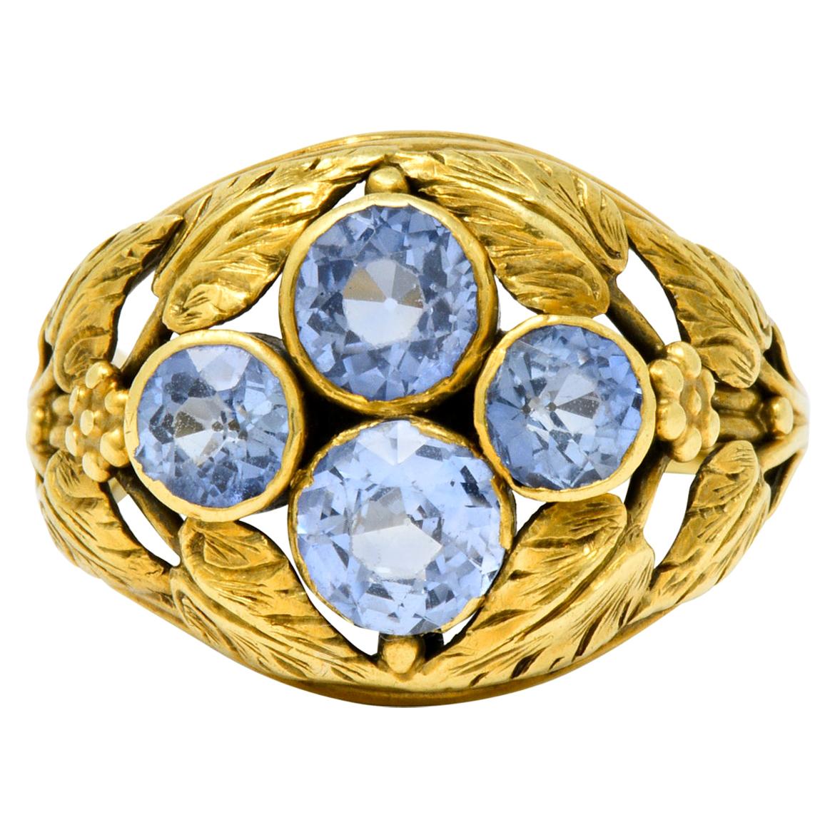 Arts & Crafts 2.20 Carats Sapphire 14 Karat Green Gold Foliate Ring