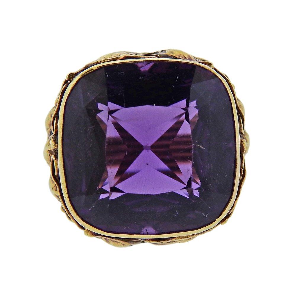 Arts & Crafts 14k yellow gold cocktail ring, set with an approx. 25 carat amethyst. Ring size - 6, ring top - 21mm x 21mm.  Weight is 11.7 grams. 