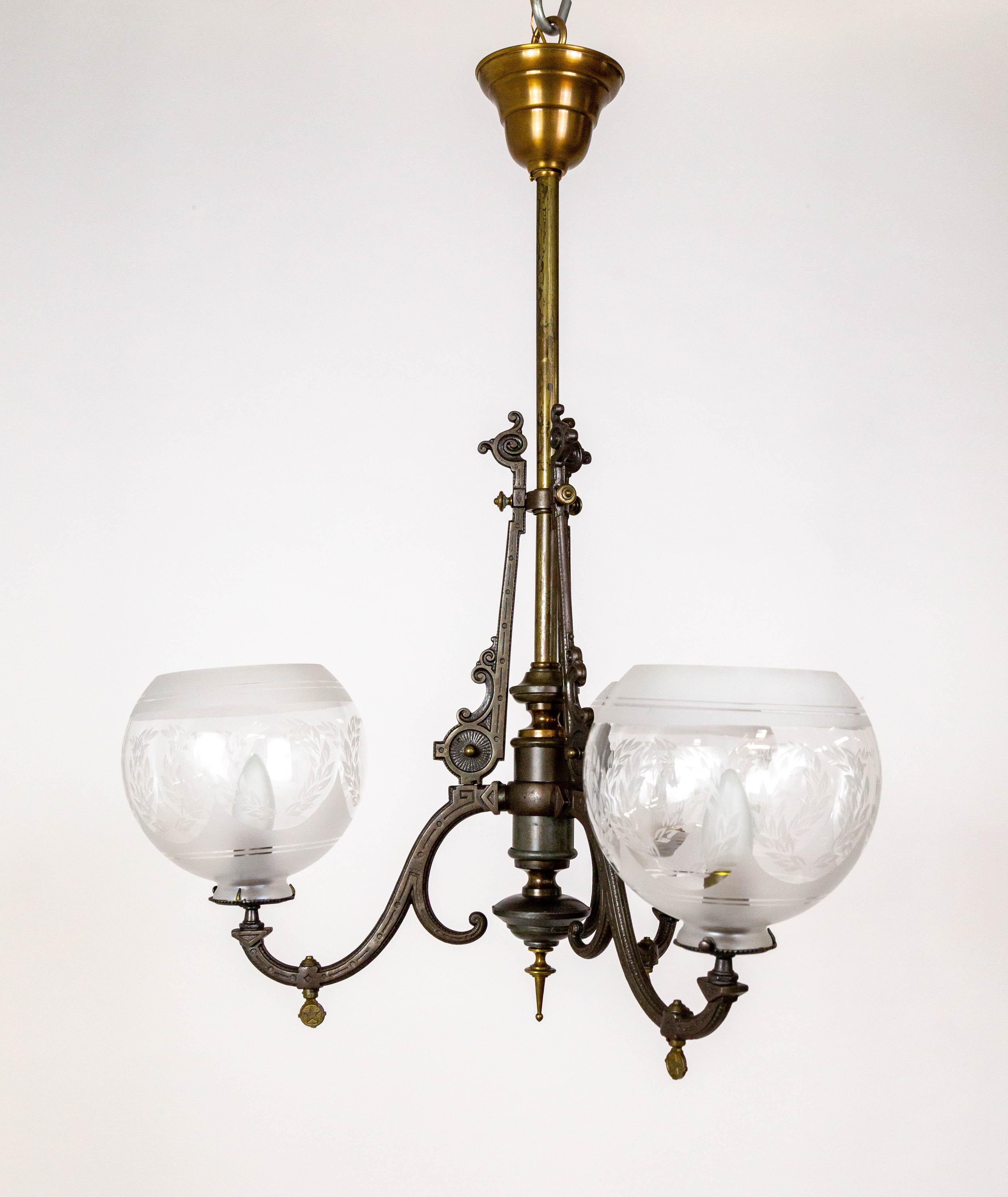 Arts & Crafts 3-Light Chandelier w/ Etched Shades For Sale 11