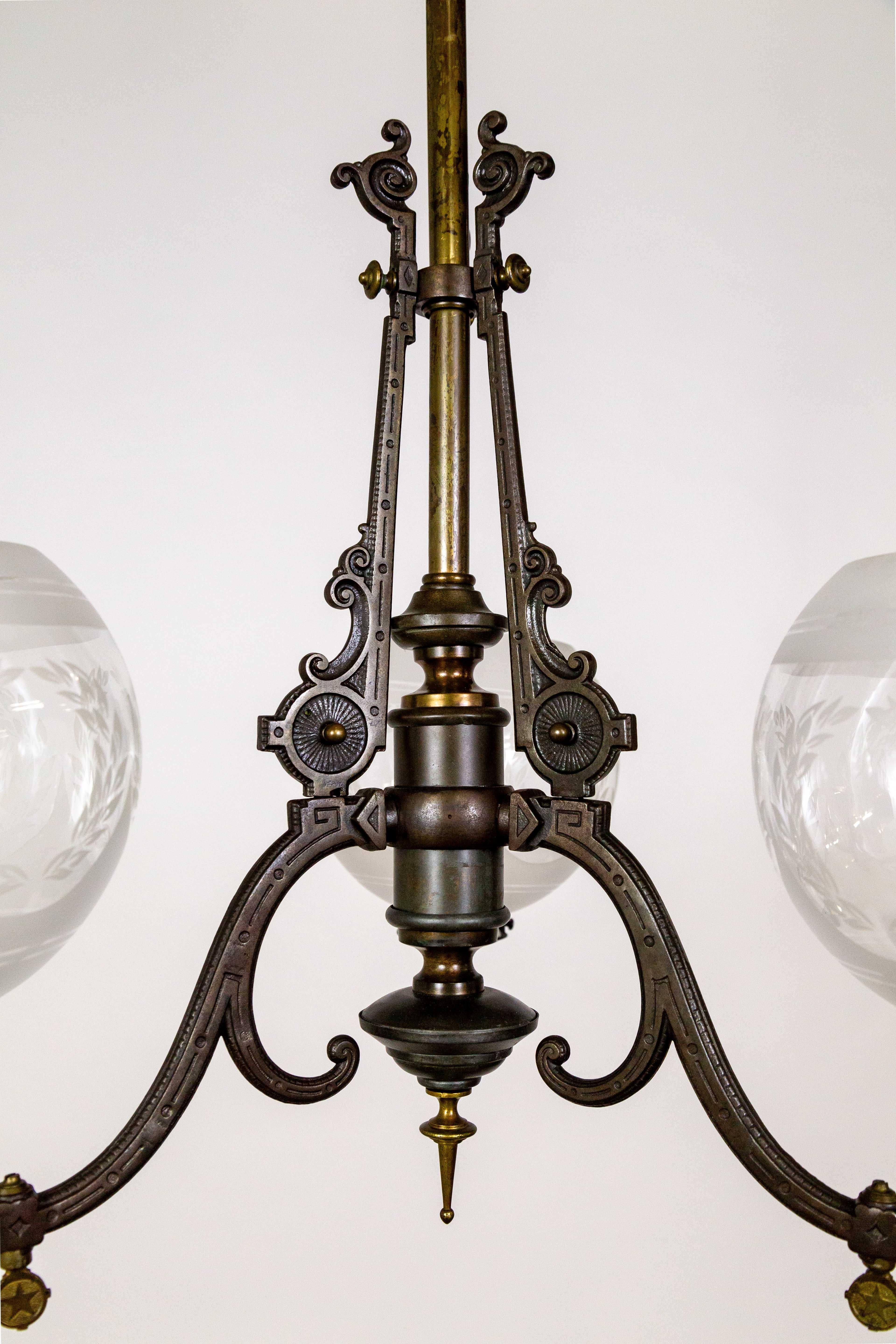 19th Century Arts & Crafts 3-Light Chandelier w/ Etched Shades For Sale