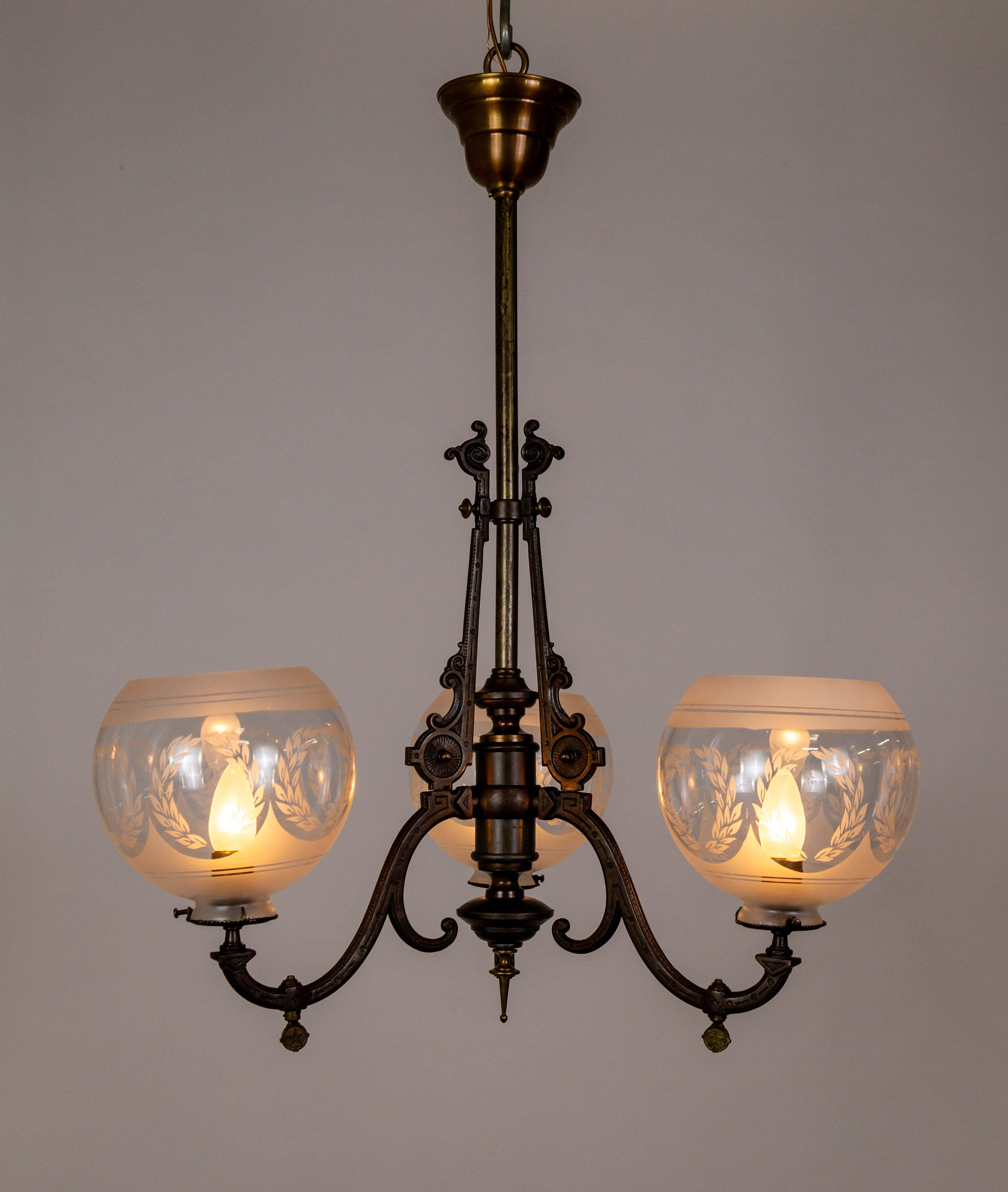 Brass Arts & Crafts 3-Light Chandelier w/ Etched Shades For Sale