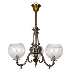 Antique Arts & Crafts 3-Light Chandelier w/ Etched Shades