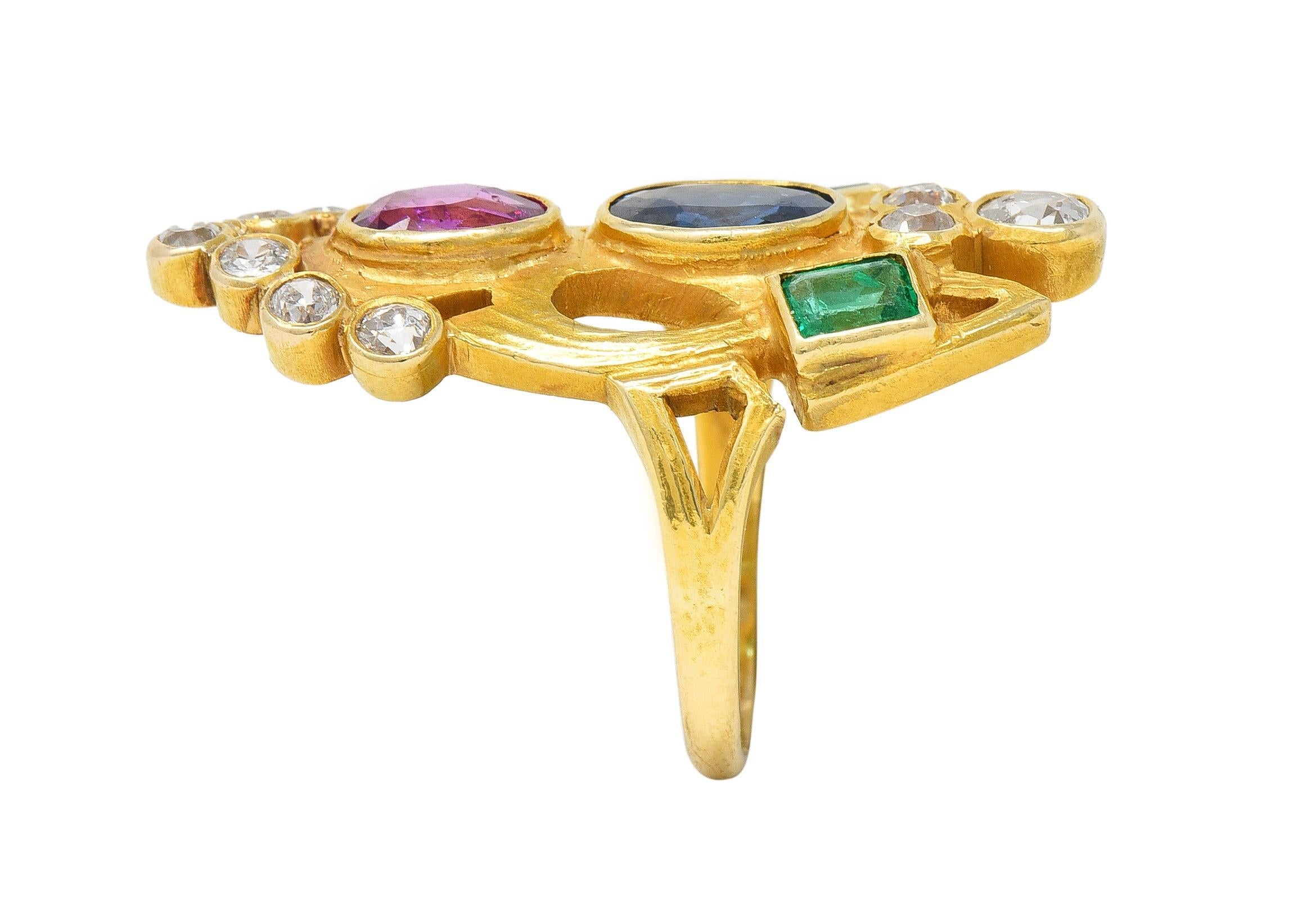 Arts & Crafts 3.73 CTW Ruby Emerald Sapphire Diamond 18 Karat Yellow Gold Ring 5