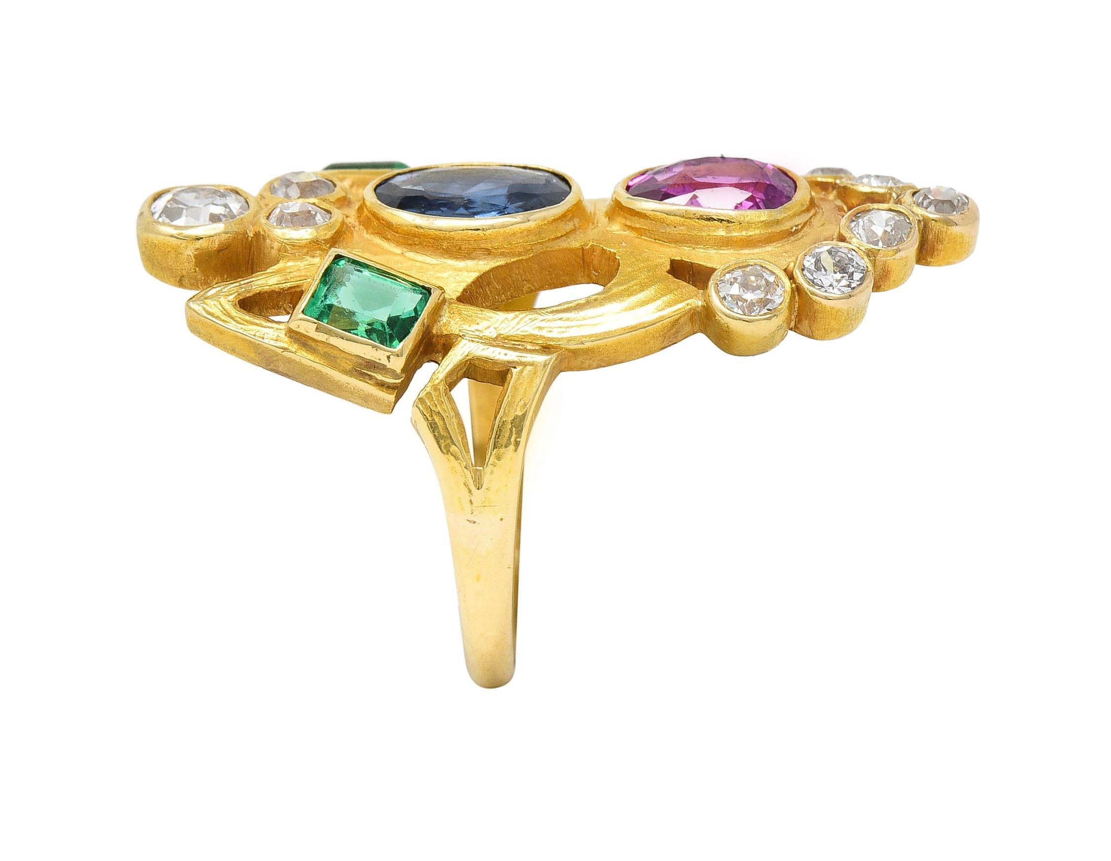 Arts & Crafts 3.73 CTW Ruby Emerald Sapphire Diamond 18 Karat Yellow Gold Ring 6