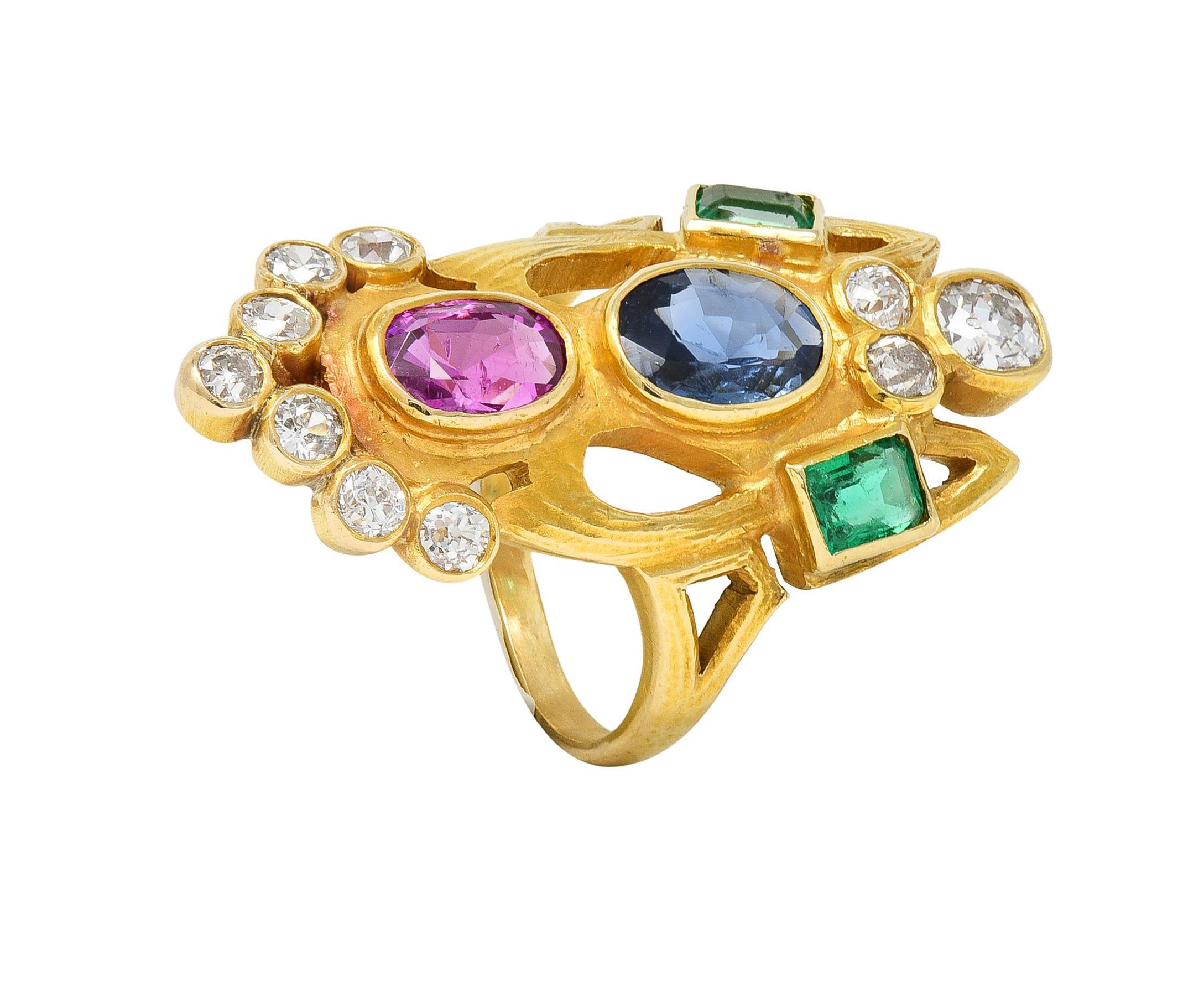 Arts & Crafts 3.73 CTW Ruby Emerald Sapphire Diamond 18 Karat Yellow Gold Ring 7