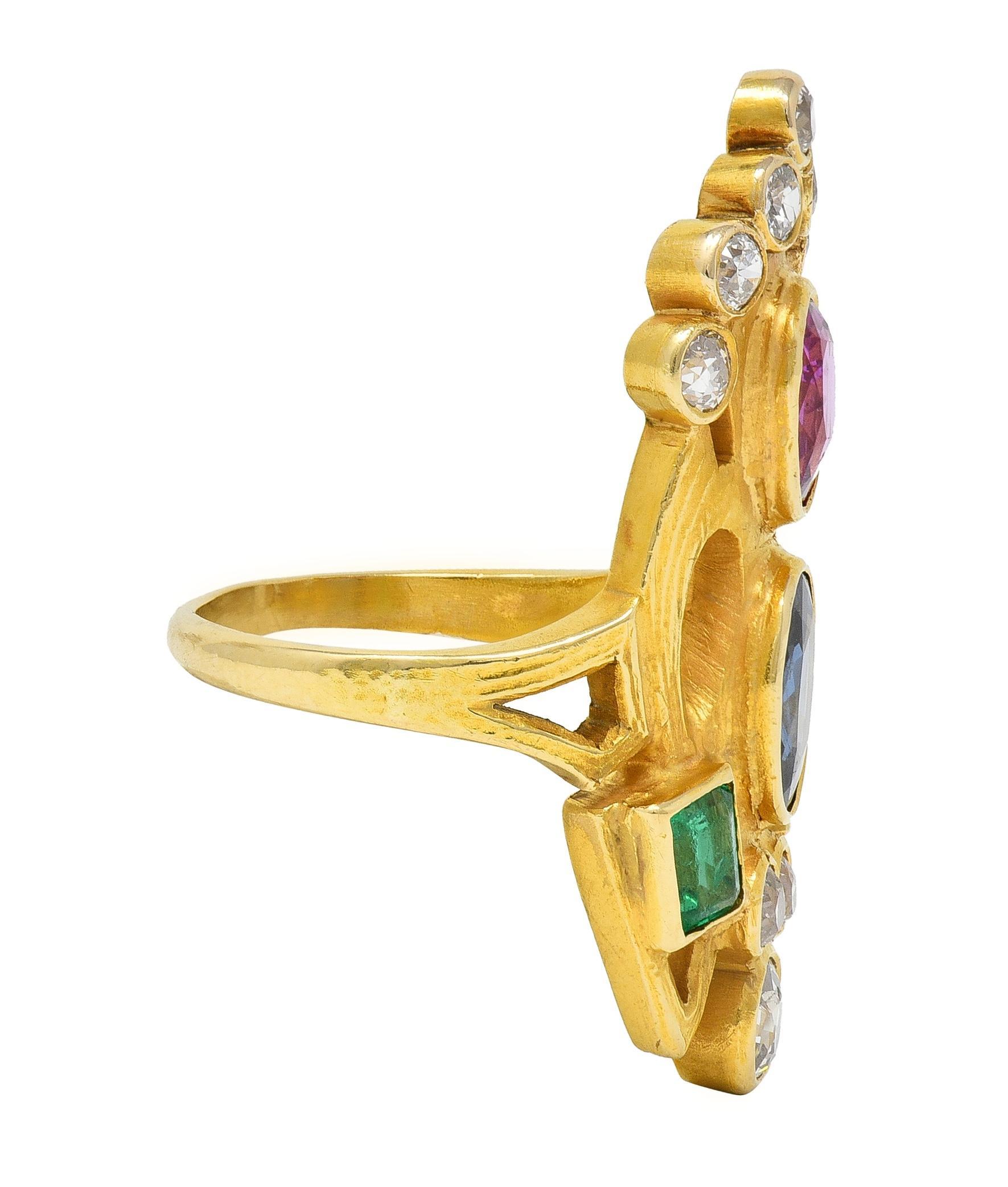 Oval Cut Arts & Crafts 3.73 CTW Ruby Emerald Sapphire Diamond 18 Karat Yellow Gold Ring
