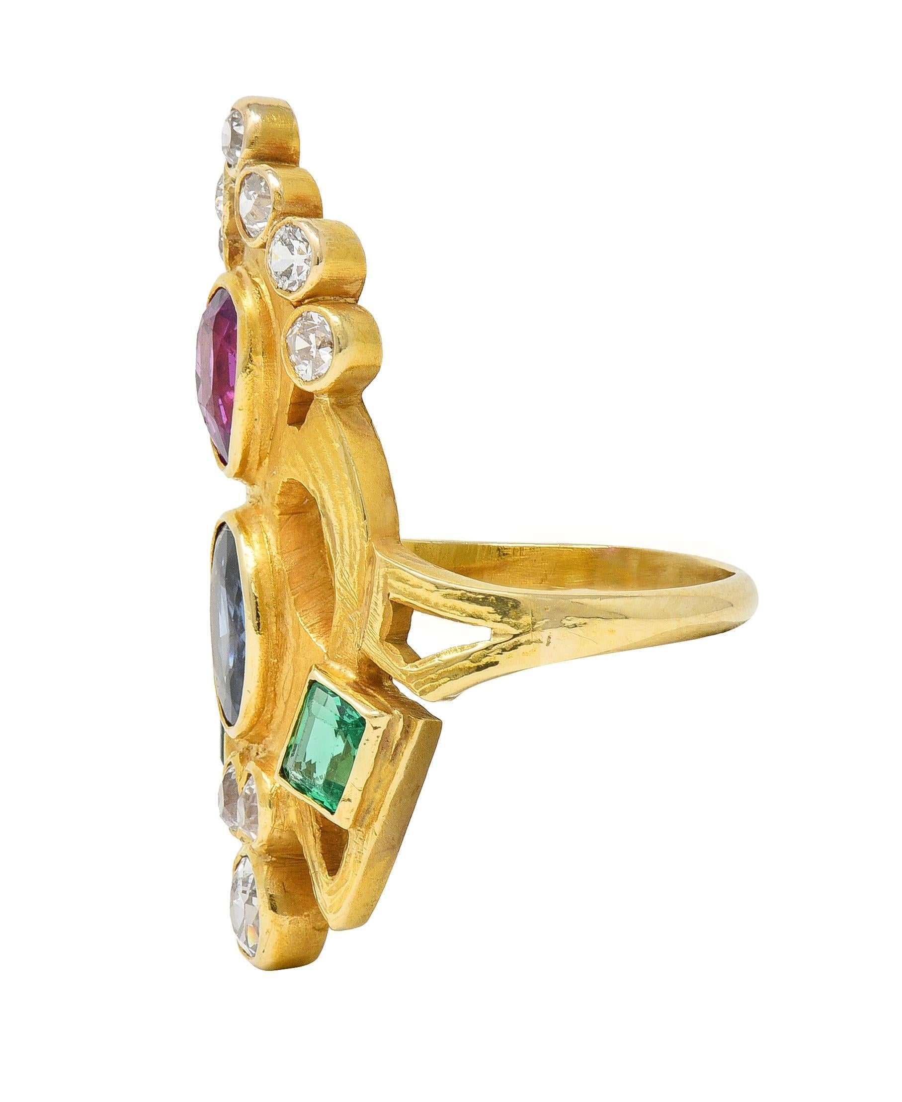 Women's or Men's Arts & Crafts 3.73 CTW Ruby Emerald Sapphire Diamond 18 Karat Yellow Gold Ring