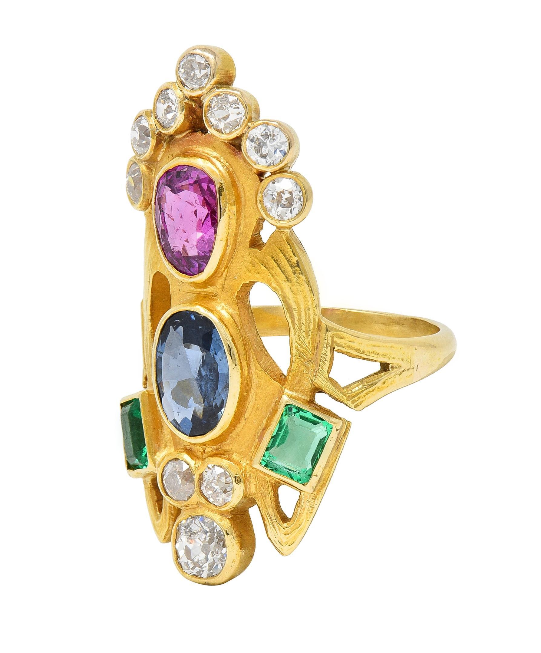 Arts & Crafts 3.73 CTW Ruby Emerald Sapphire Diamond 18 Karat Yellow Gold Ring 1