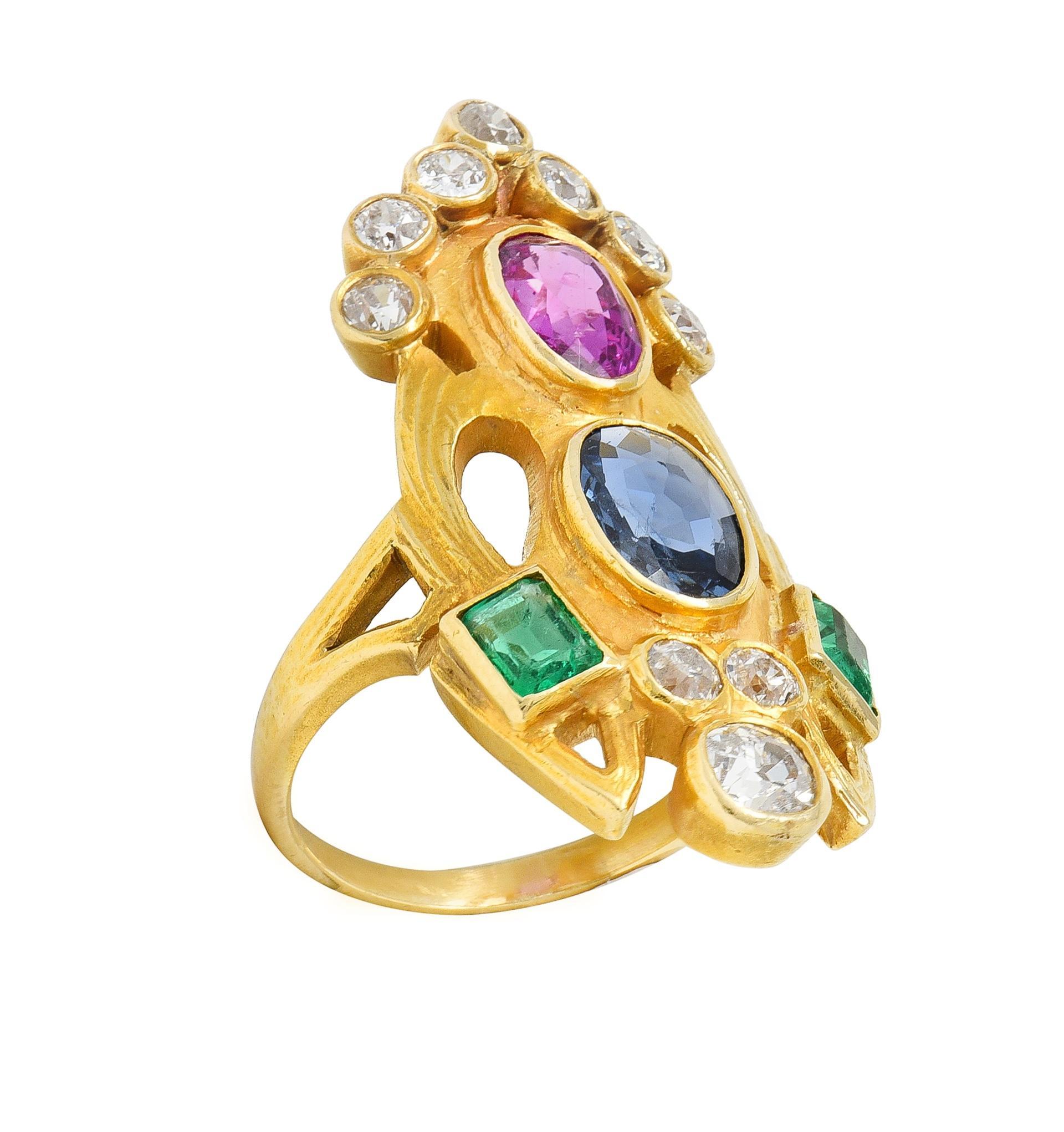 Arts & Crafts 3.73 CTW Ruby Emerald Sapphire Diamond 18 Karat Yellow Gold Ring 2