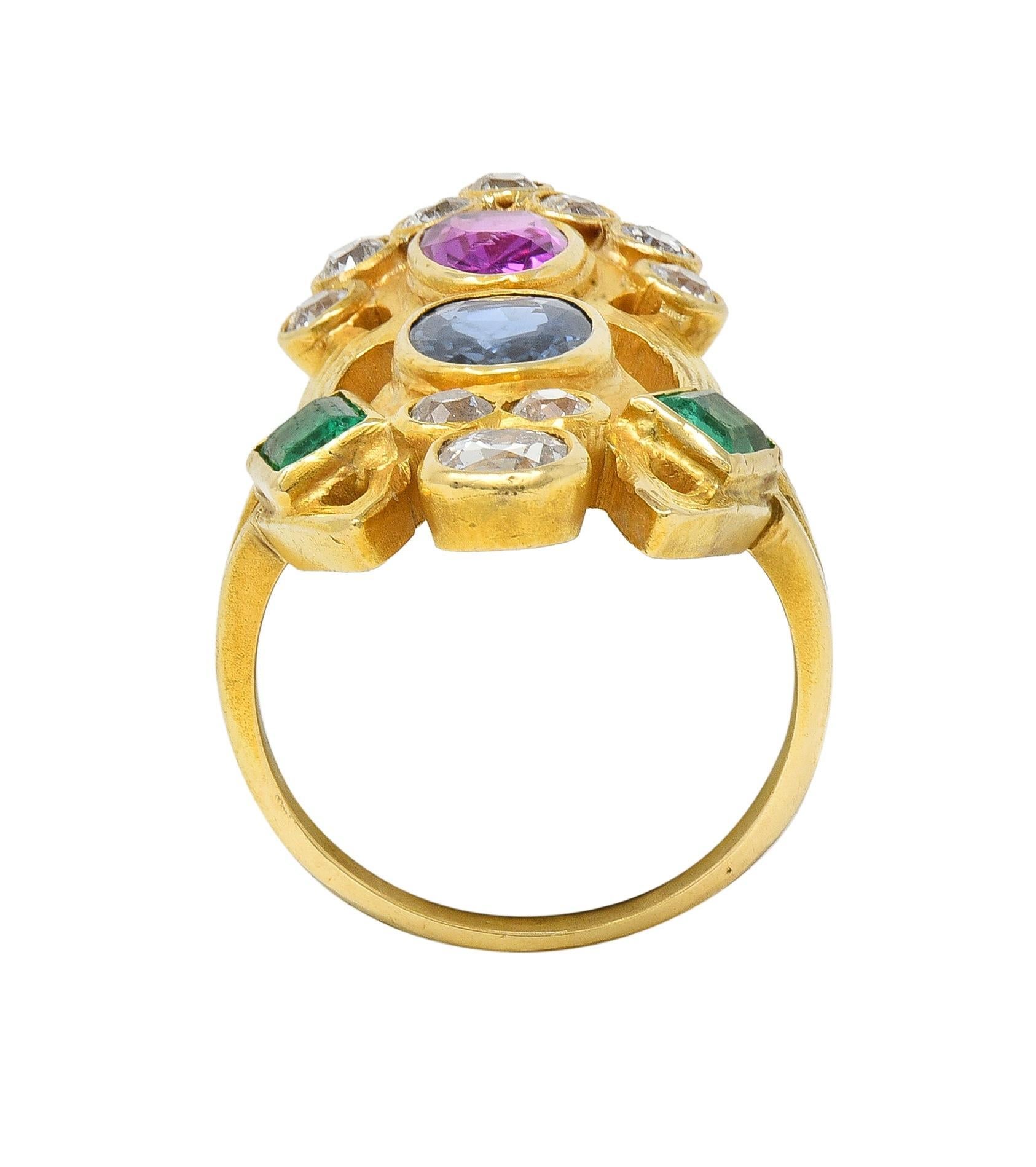 Arts & Crafts 3.73 CTW Ruby Emerald Sapphire Diamond 18 Karat Yellow Gold Ring 3