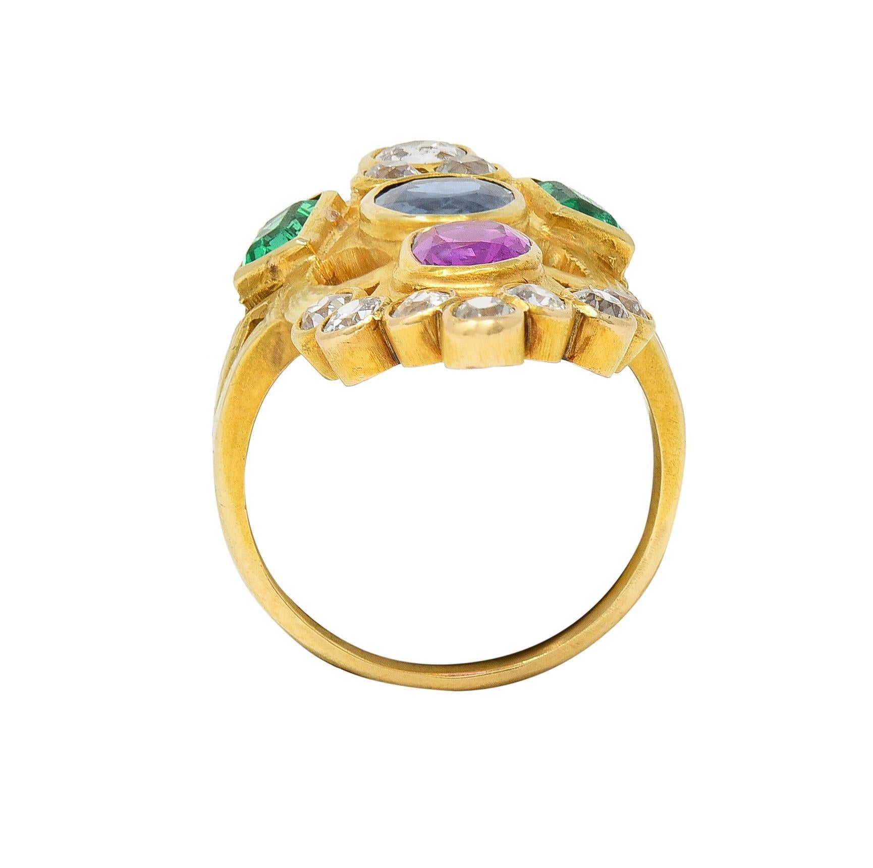 Arts & Crafts 3.73 CTW Ruby Emerald Sapphire Diamond 18 Karat Yellow Gold Ring 4