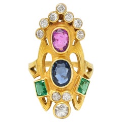 Antique Arts & Crafts 3.73 CTW Ruby Emerald Sapphire Diamond 18 Karat Yellow Gold Ring