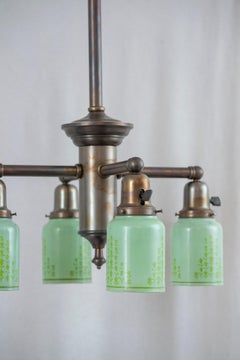 Arts & Crafts 4 Arm Chandelier w/ Greenish, Yellowish Glass Shades, ca. 1910
