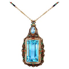 Antique Arts & Crafts 40 Carat Aquamarine Seed Pearl Enamel Necklace Estate Fine Jewelry