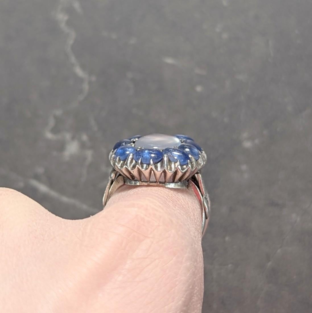 Arts & Crafts 5.85 CTW Sapphire Moonstone Sterling Silver Antique Halo Ring For Sale 5