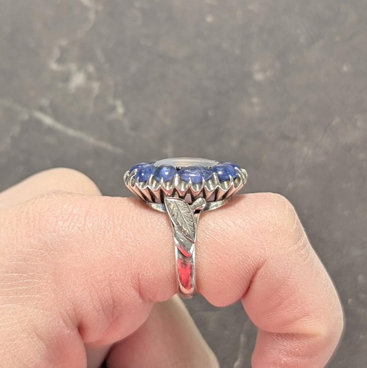 Arts & Crafts 5.85 CTW Sapphire Moonstone Sterling Silver Antique Halo Ring For Sale 6