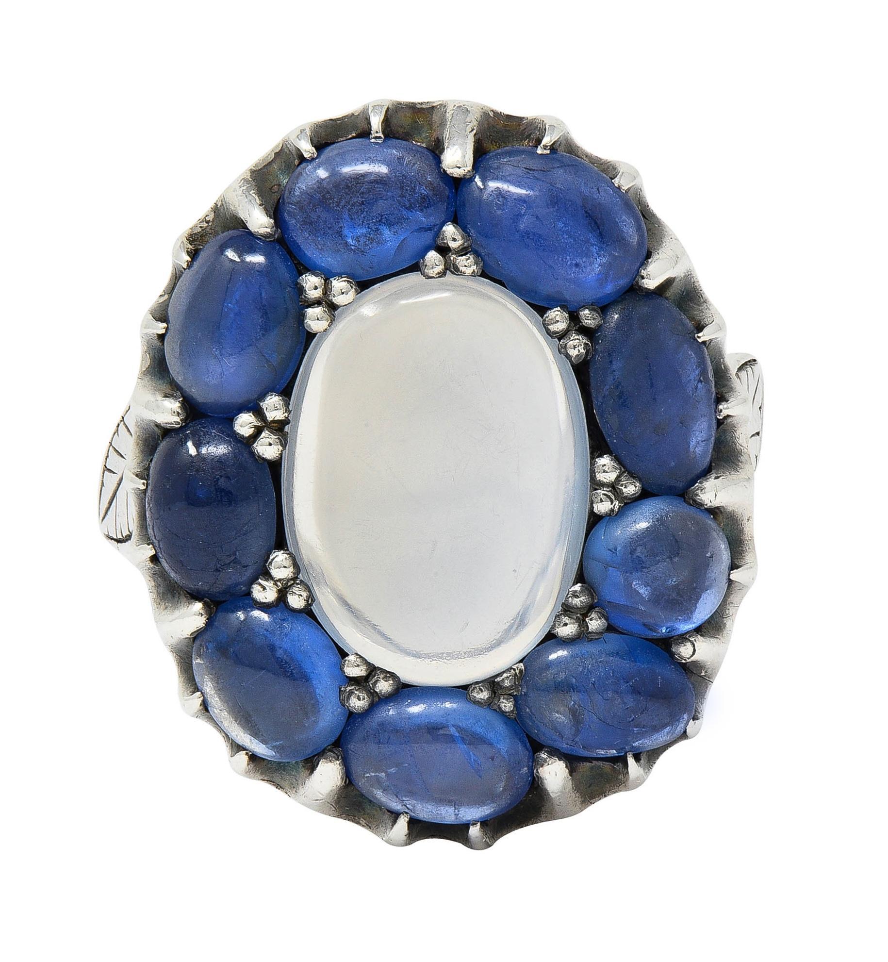 Cabochon Arts & Crafts 5.85 CTW Sapphire Moonstone Sterling Silver Antique Halo Ring For Sale