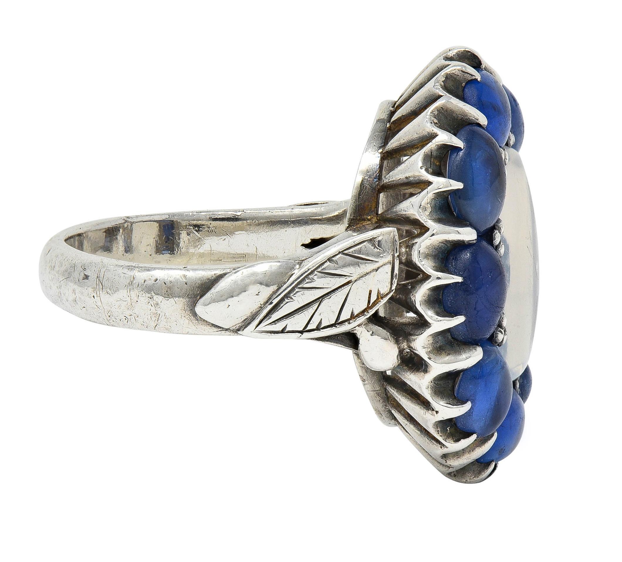 Arts & Crafts 5.85 CTW Sapphire Moonstone Sterling Silver Antique Halo Ring In Excellent Condition For Sale In Philadelphia, PA