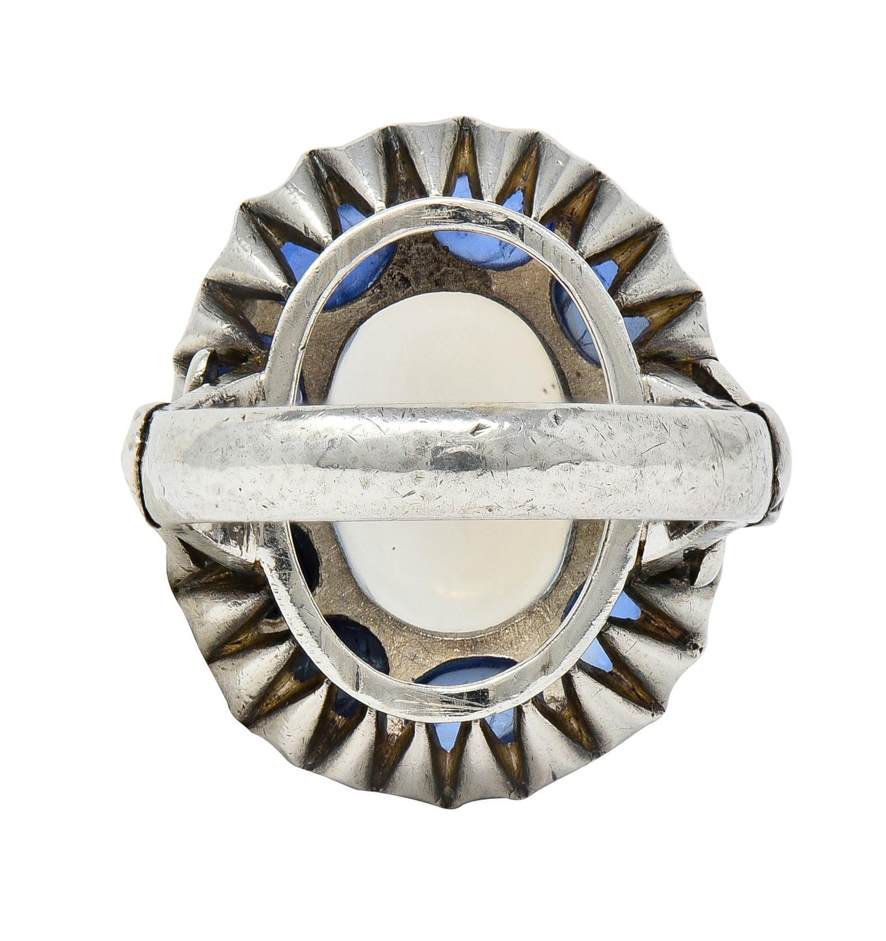 Women's Arts & Crafts 5.85 CTW Sapphire Moonstone Sterling Silver Antique Halo Ring For Sale
