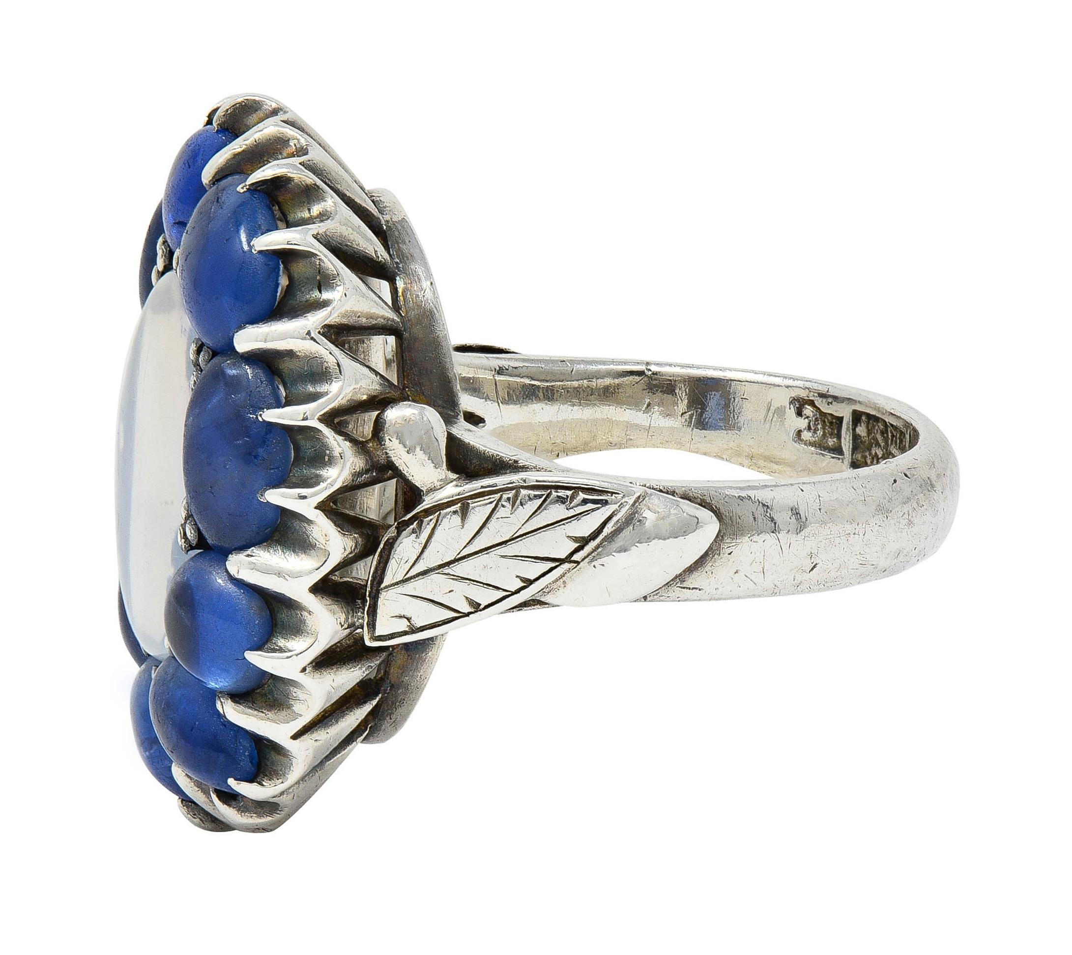 Arts & Crafts 5.85 CTW Sapphire Moonstone Sterling Silver Antique Halo Ring For Sale 1