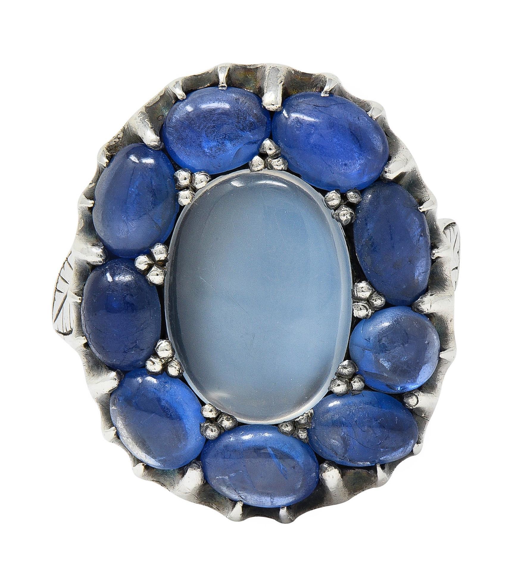 Arts & Crafts 5.85 CTW Sapphire Moonstone Sterling Silver Antique Halo Ring For Sale 2