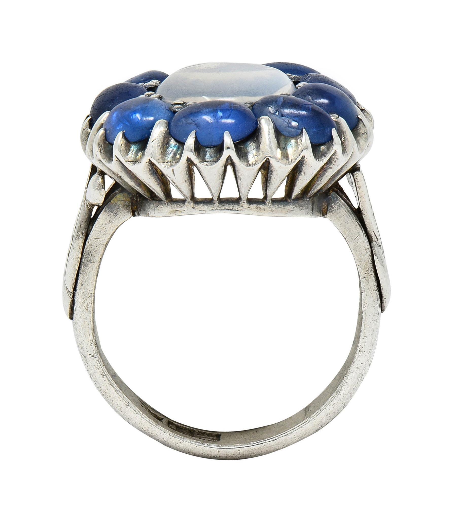 Arts & Crafts 5.85 CTW Sapphire Moonstone Sterling Silver Antique Halo Ring For Sale 4