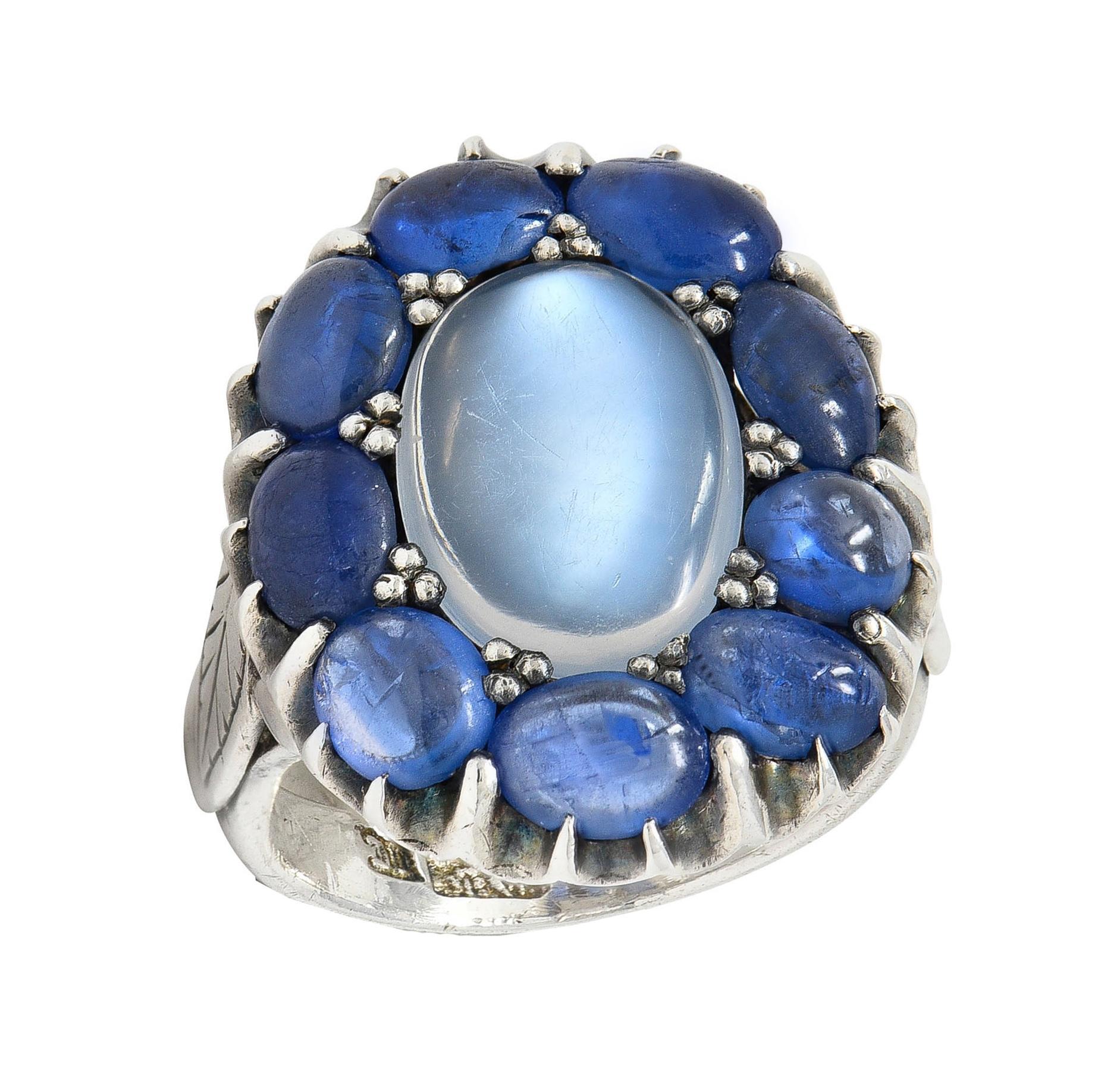 Arts & Crafts 5.85 CTW Sapphire Moonstone Sterling Silver Antique Halo Ring For Sale